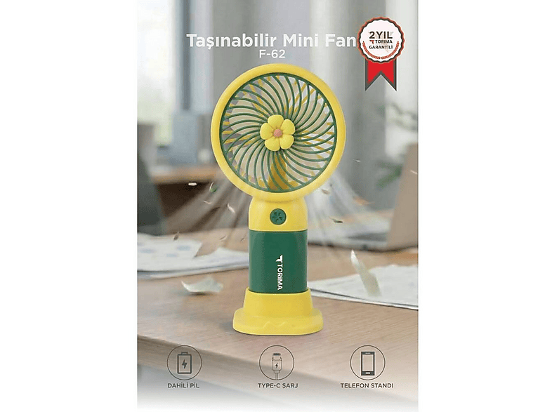 TORIMA F62 Telefon Standlı 3 Kademeli Taşınabilir Masa Fanı Şarjlı El Vantilatörü Yeşil