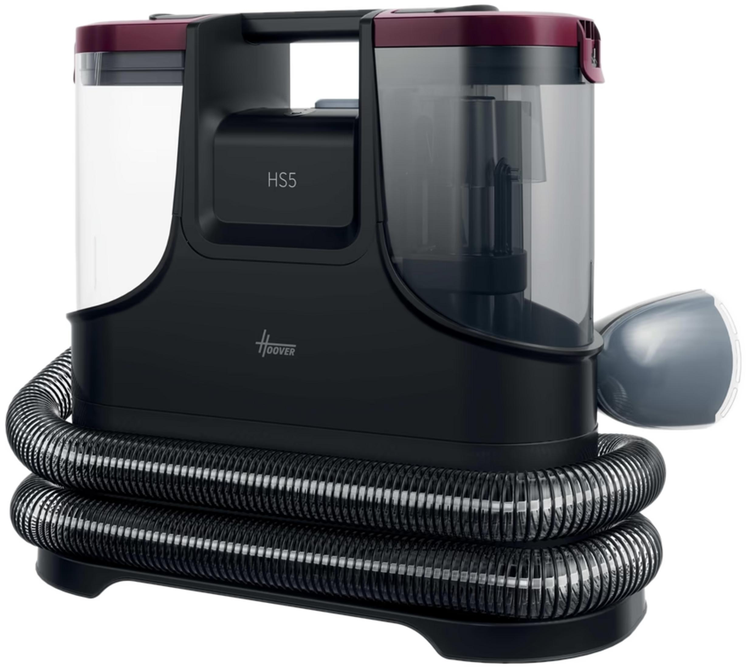 Pulitore Hoover nero con serbatoi trasparenti e coperchio rosso.
