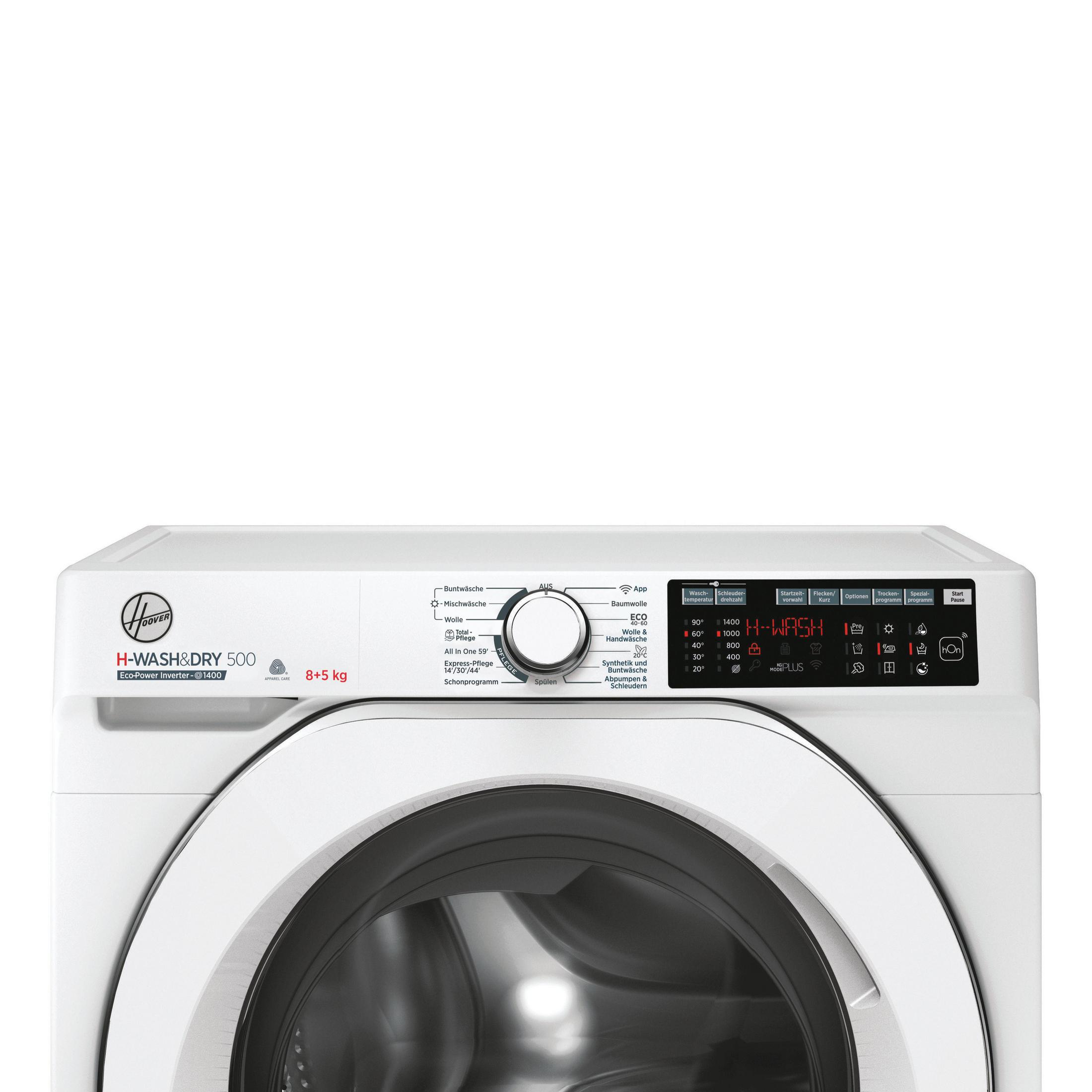 Eine weiße Waschmaschine mit einem Bedienfeld, das Programme und Einstellungen anzeigt.