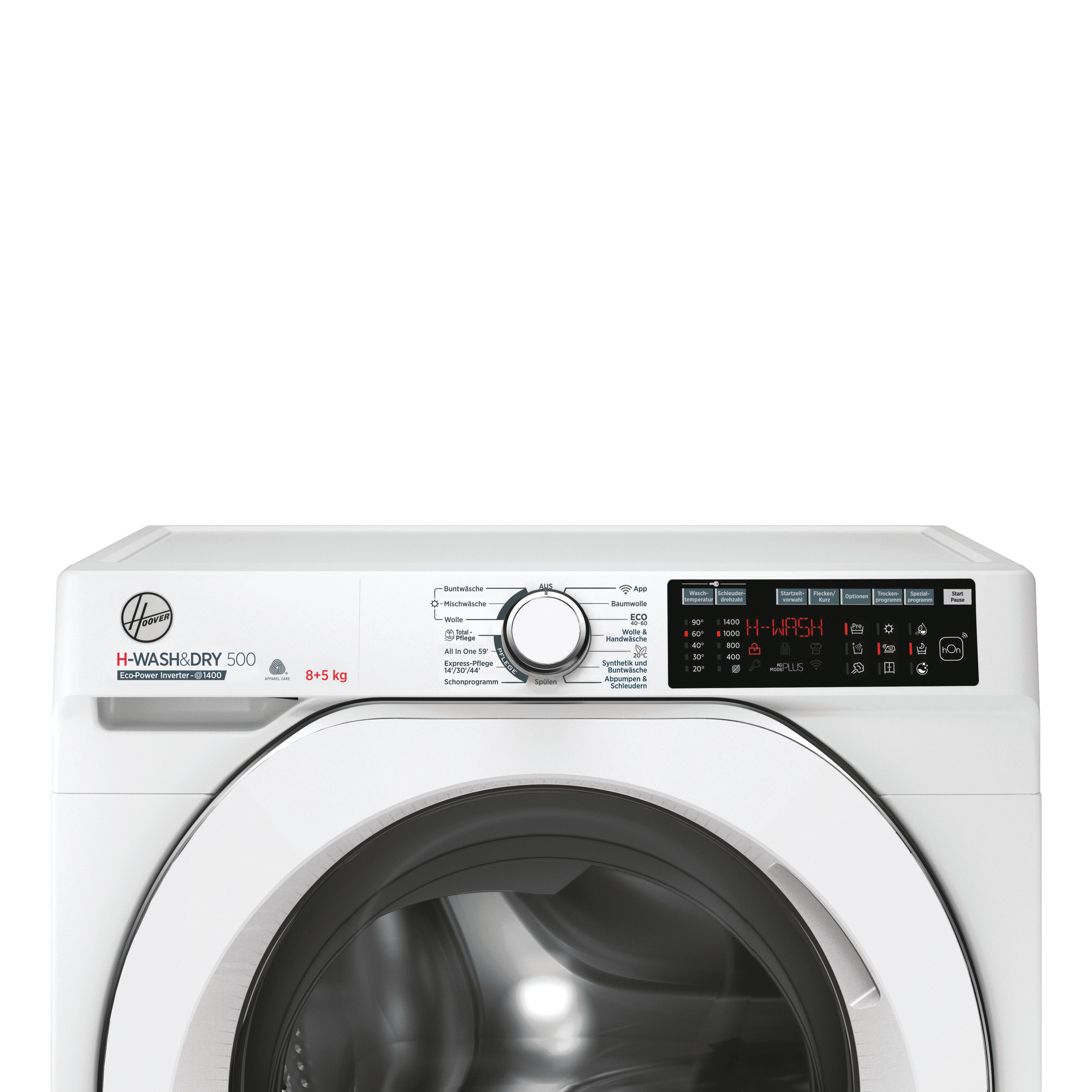Weiße Waschmaschine mit Bedienfeld und Trommel. Zeigt Programme und Einstellungen an.