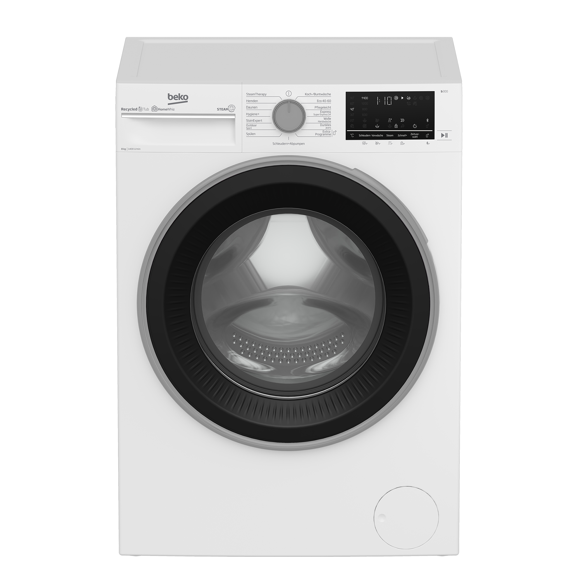 Weiße Beko Waschmaschine mit schwarzer Tür und digitalem Display.