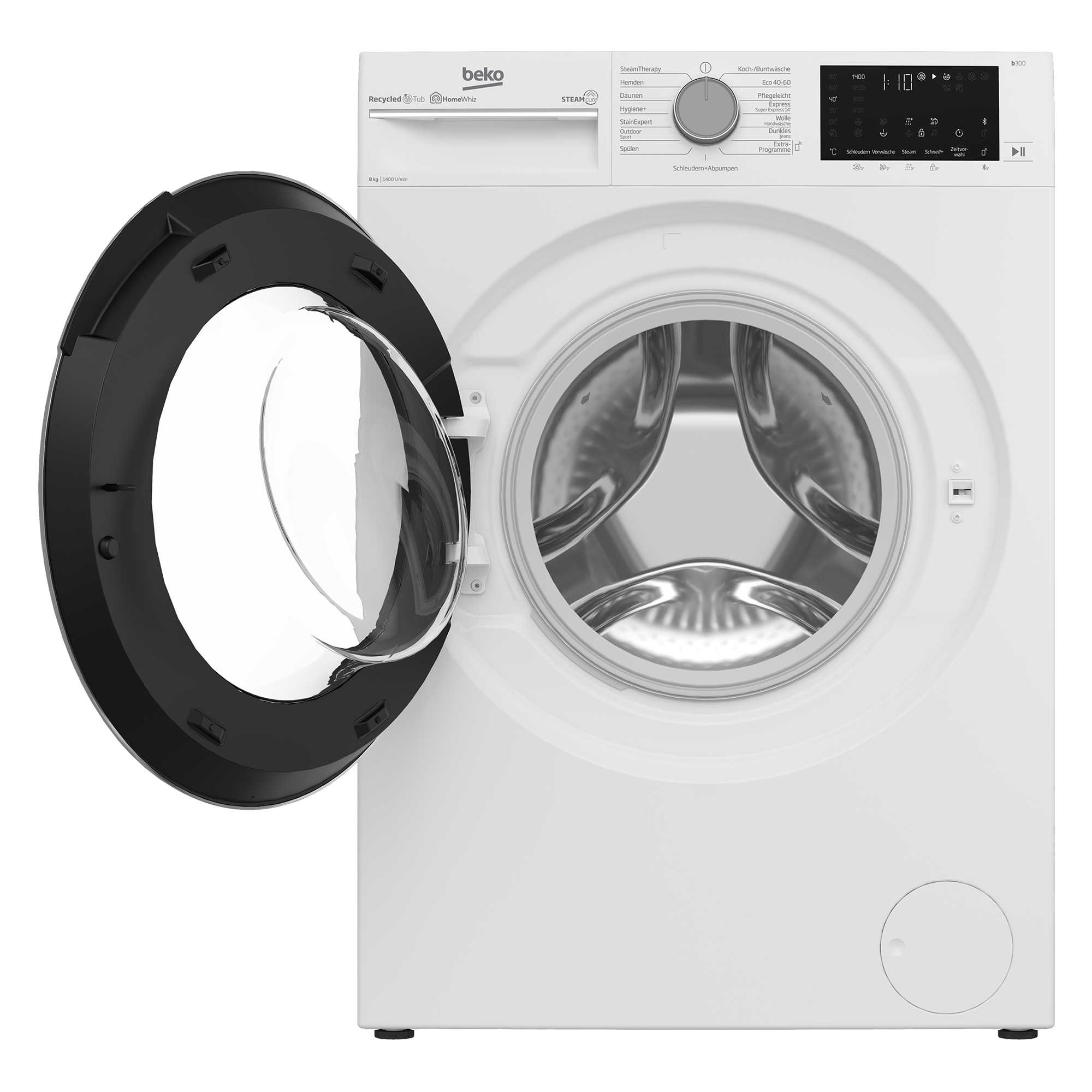 Weiße Beko Waschmaschine mit geöffneter Tür und digitalem Display.