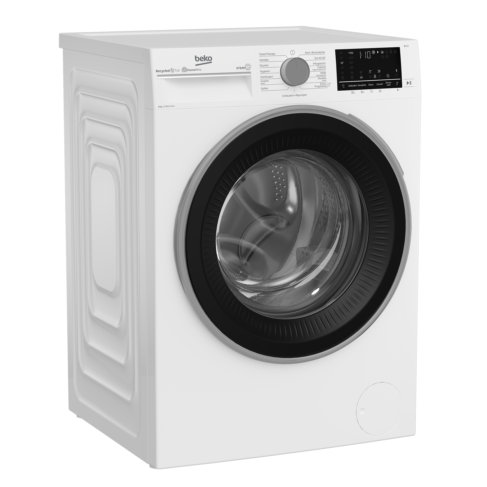 Weiße Beko Waschmaschine mit schwarzem Bullauge und digitalem Display.