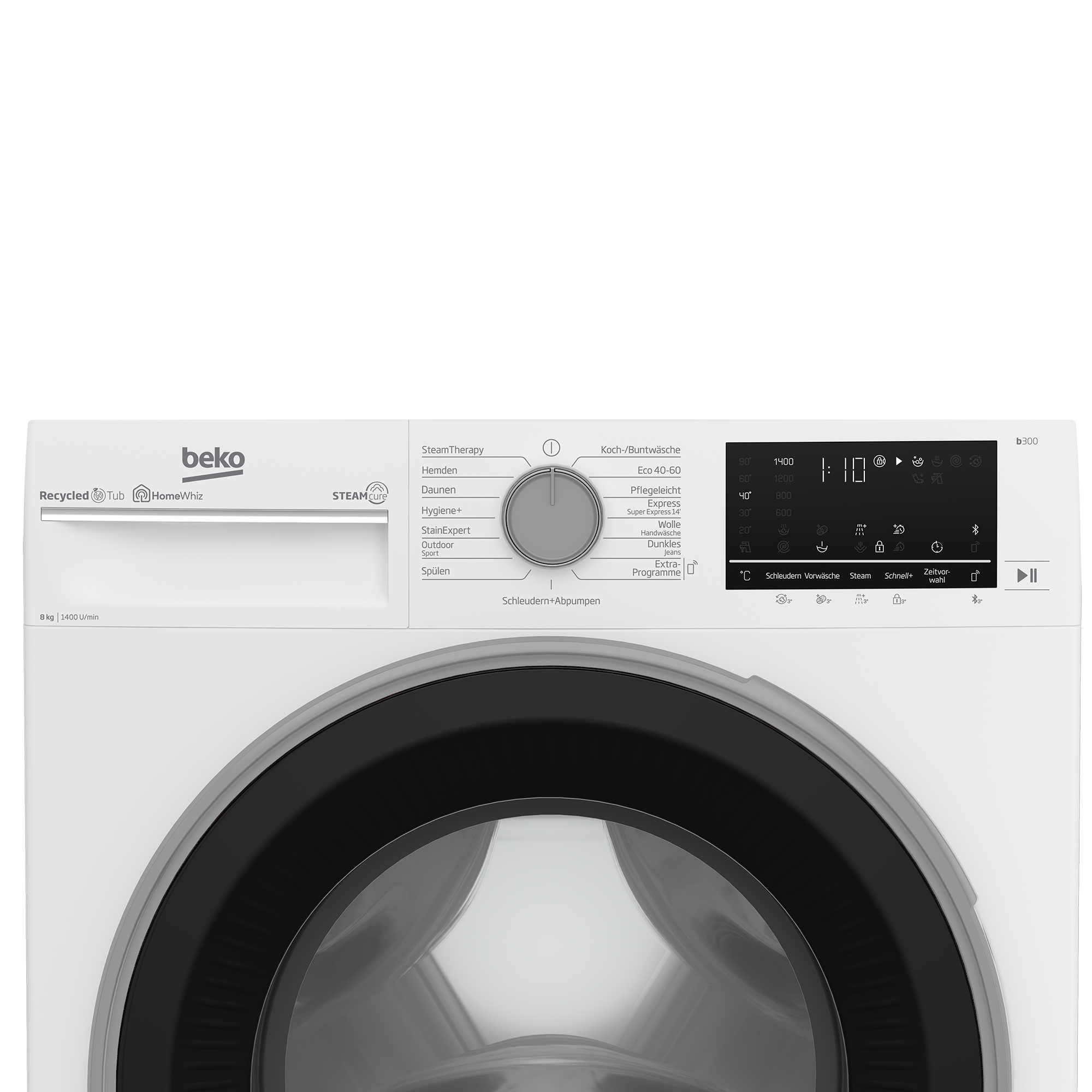 Eine weiße Beko Waschmaschine mit einem Bedienfeld und Display.
