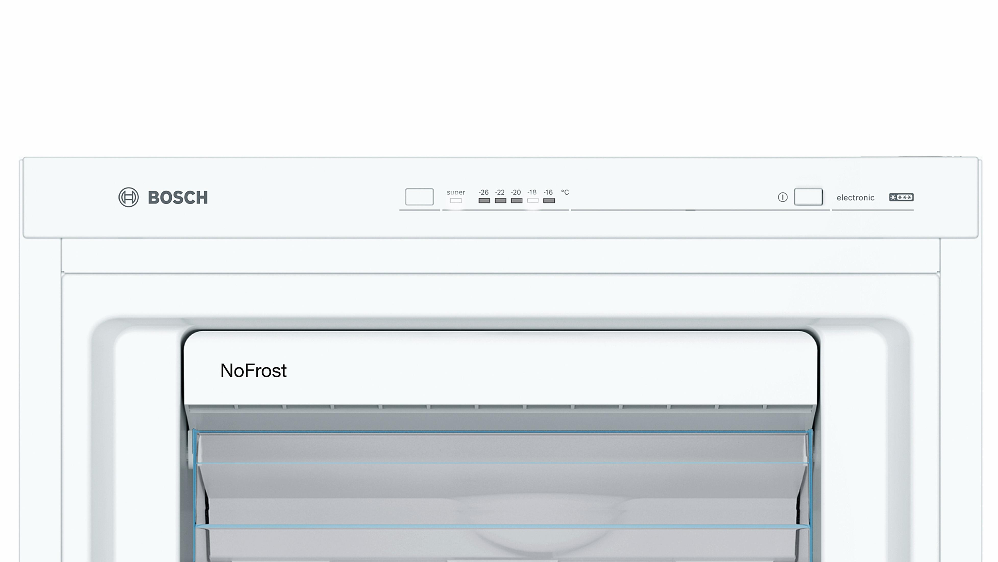 Ein weier Bosch-Kõhlschrank mit NoFrost-Funktion und digitalen Temperaturanzeigen.