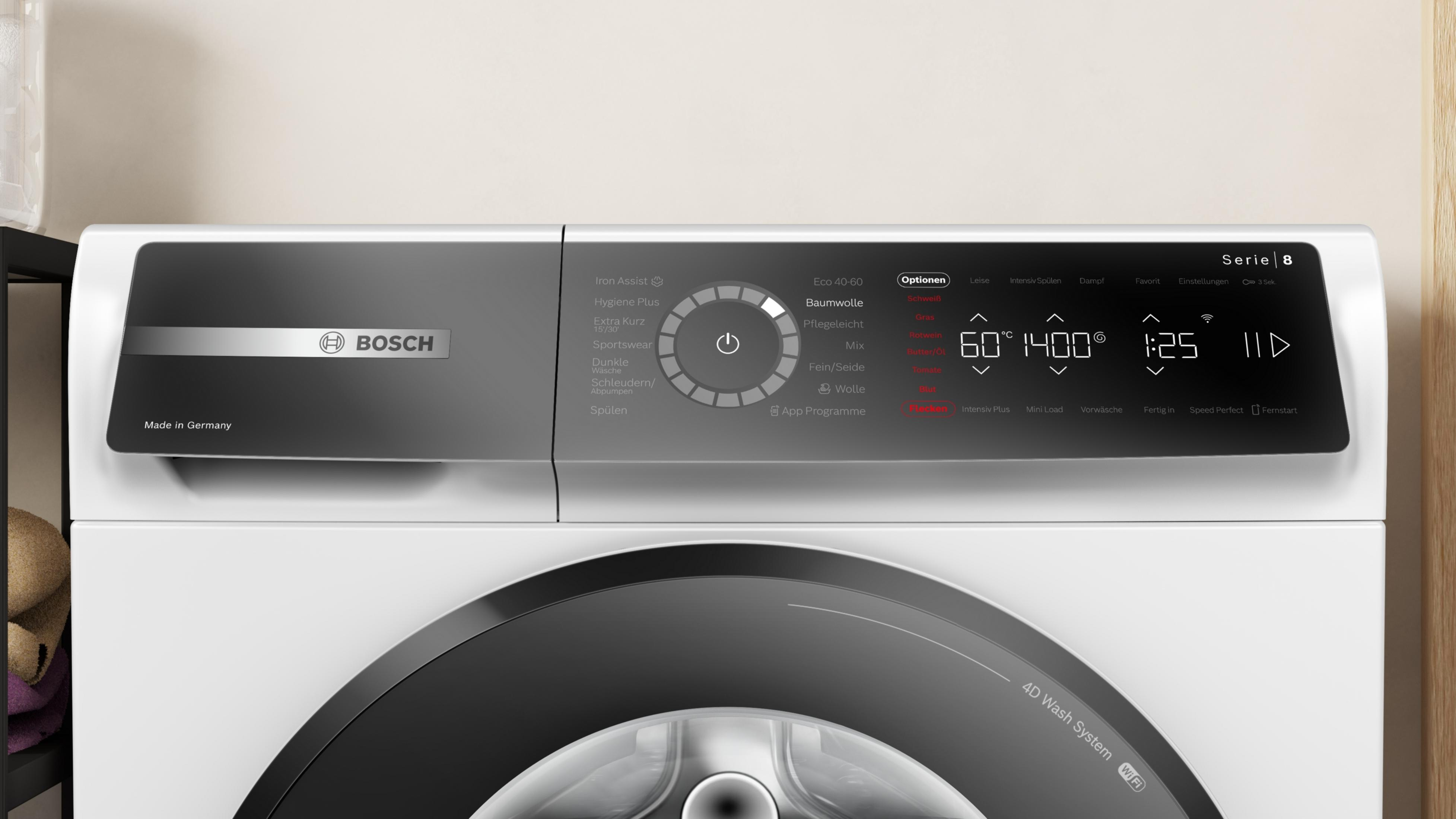 Bosch Waschmaschine Serie 8 mit digitalem Bedienfeld und Programmauswahl.