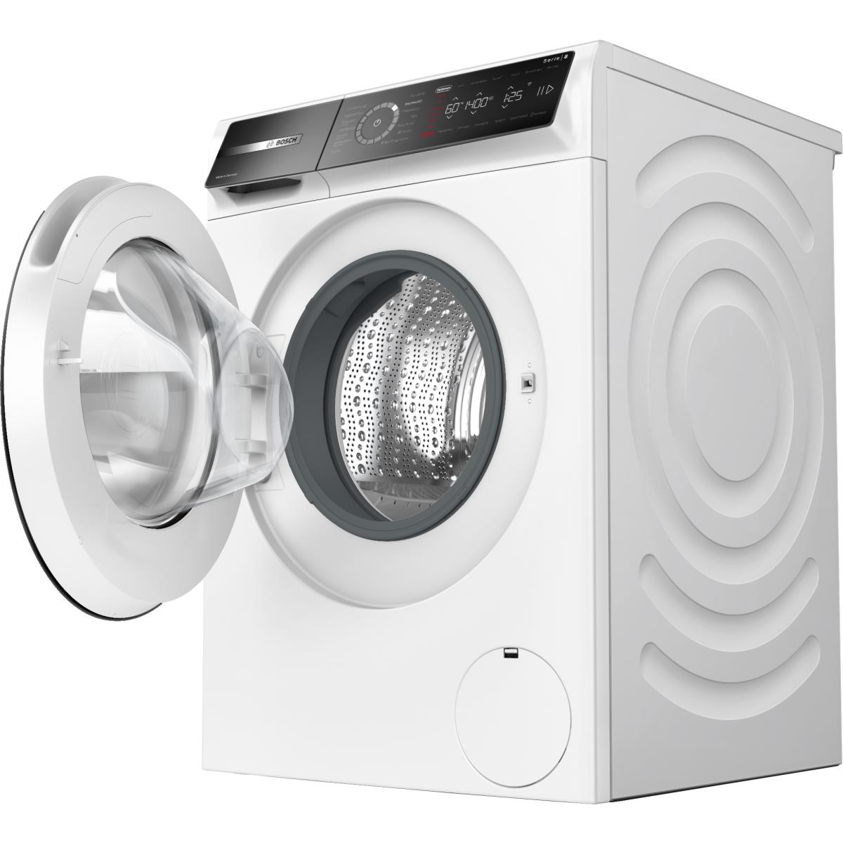 Weiße Bosch Waschmaschine mit offener Glastür und digitalem Display.