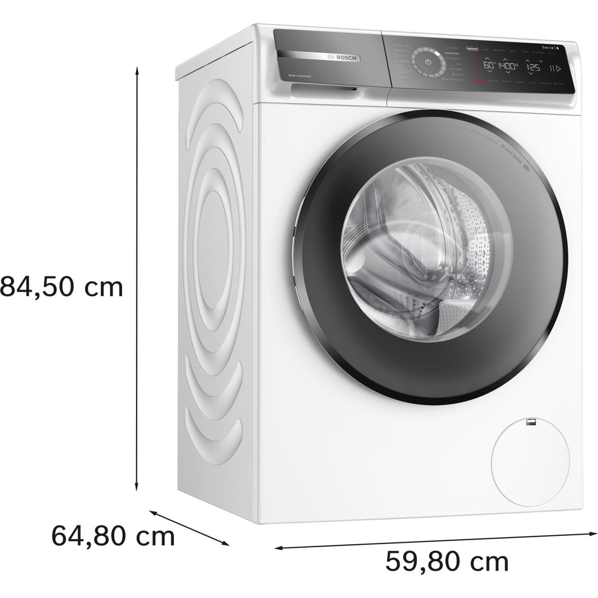 Weiße Bosch Waschmaschine mit schwarzer Tür und digitalen Bedienelementen.
