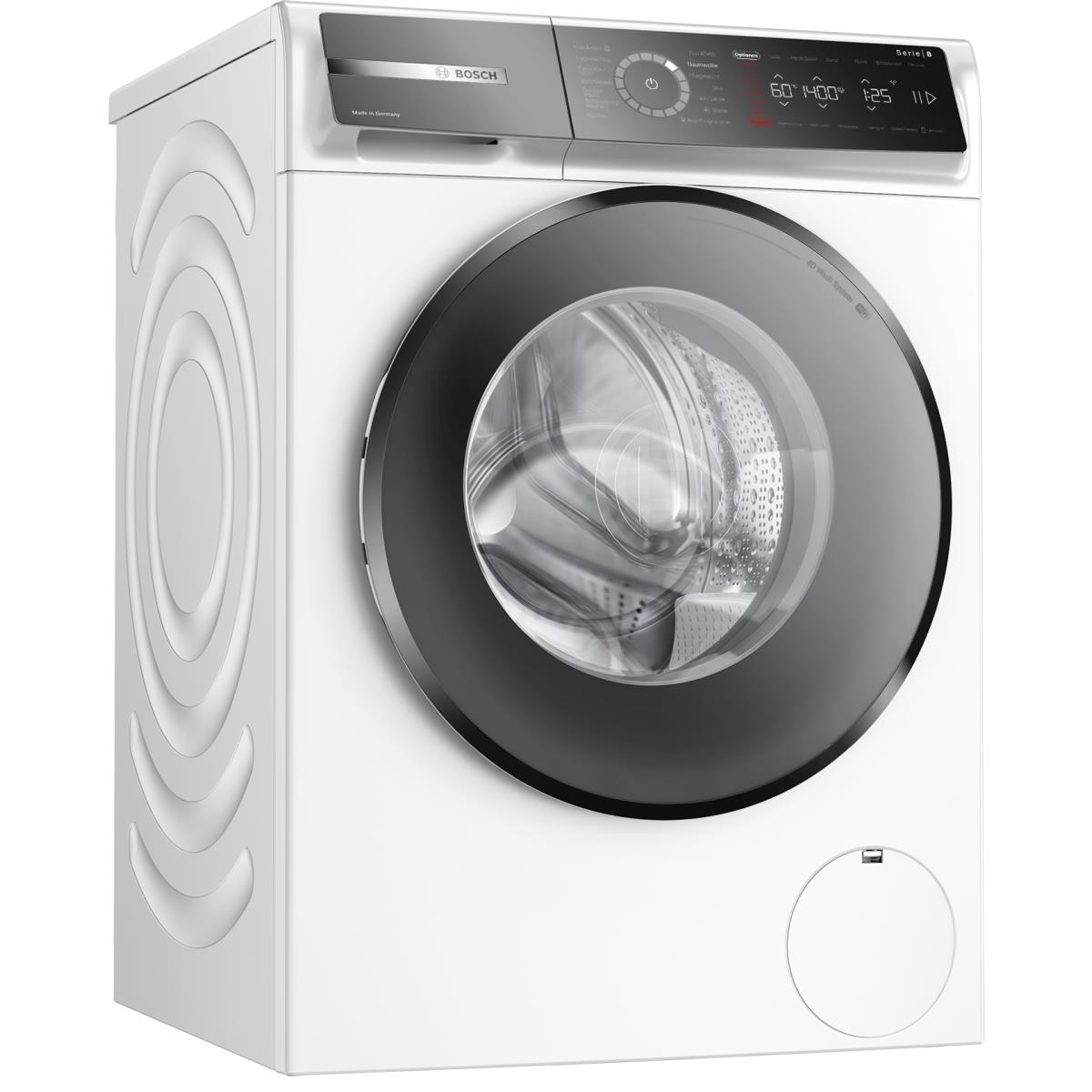 Eine weiße Bosch-Waschmaschine mit schwarzer Tür und digitalem Display.