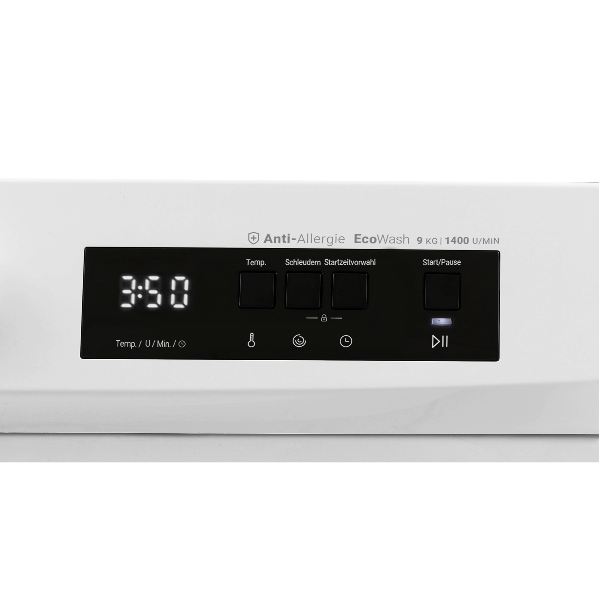 Ein weißes Bedienfeld mit schwarzem Display zeigt 3:50 an. Oben steht Anti-Allergie EcoWash.