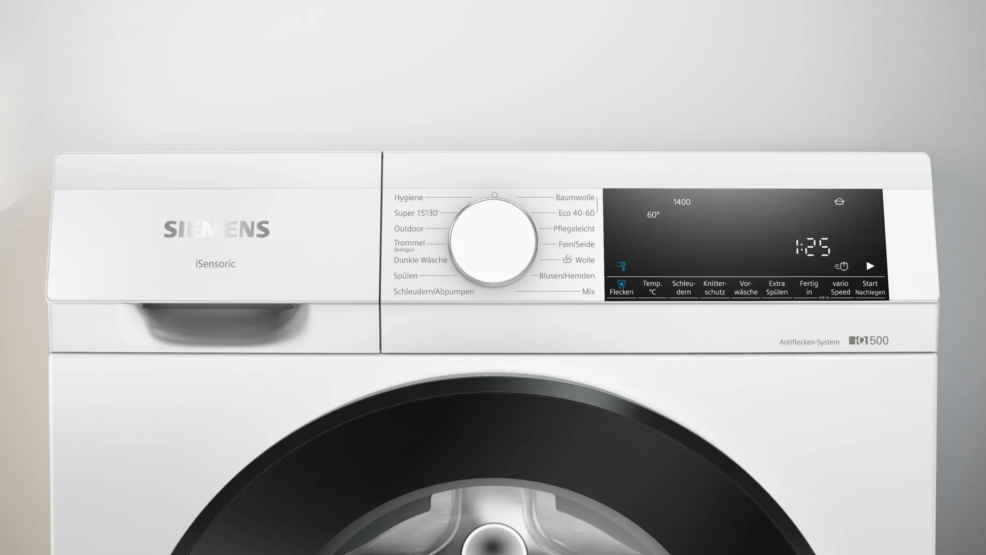 Pralka Siemens z cyfrowym wyświetlaczem i pokrętłem wyboru programu.