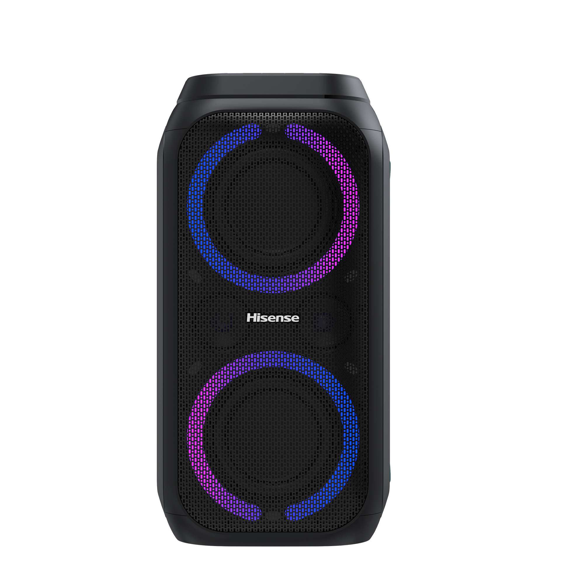 Enceinte Hisense noire avec lumières bleues et violettes.