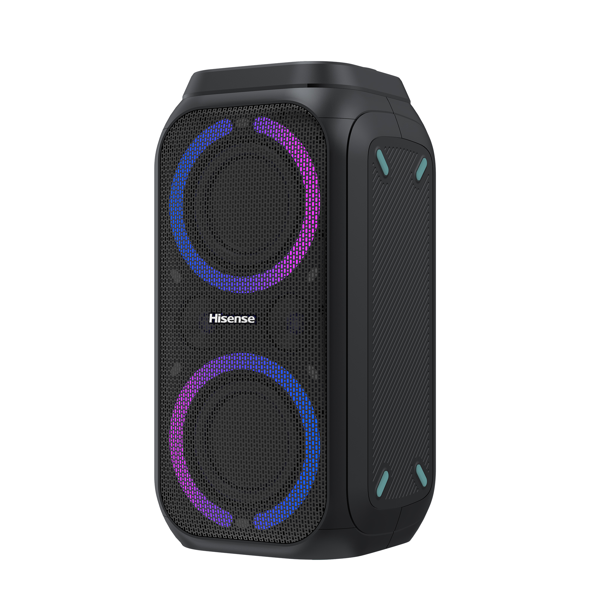 Enceinte Hisense noire avec anneaux LED bleus et violets sur fond blanc.