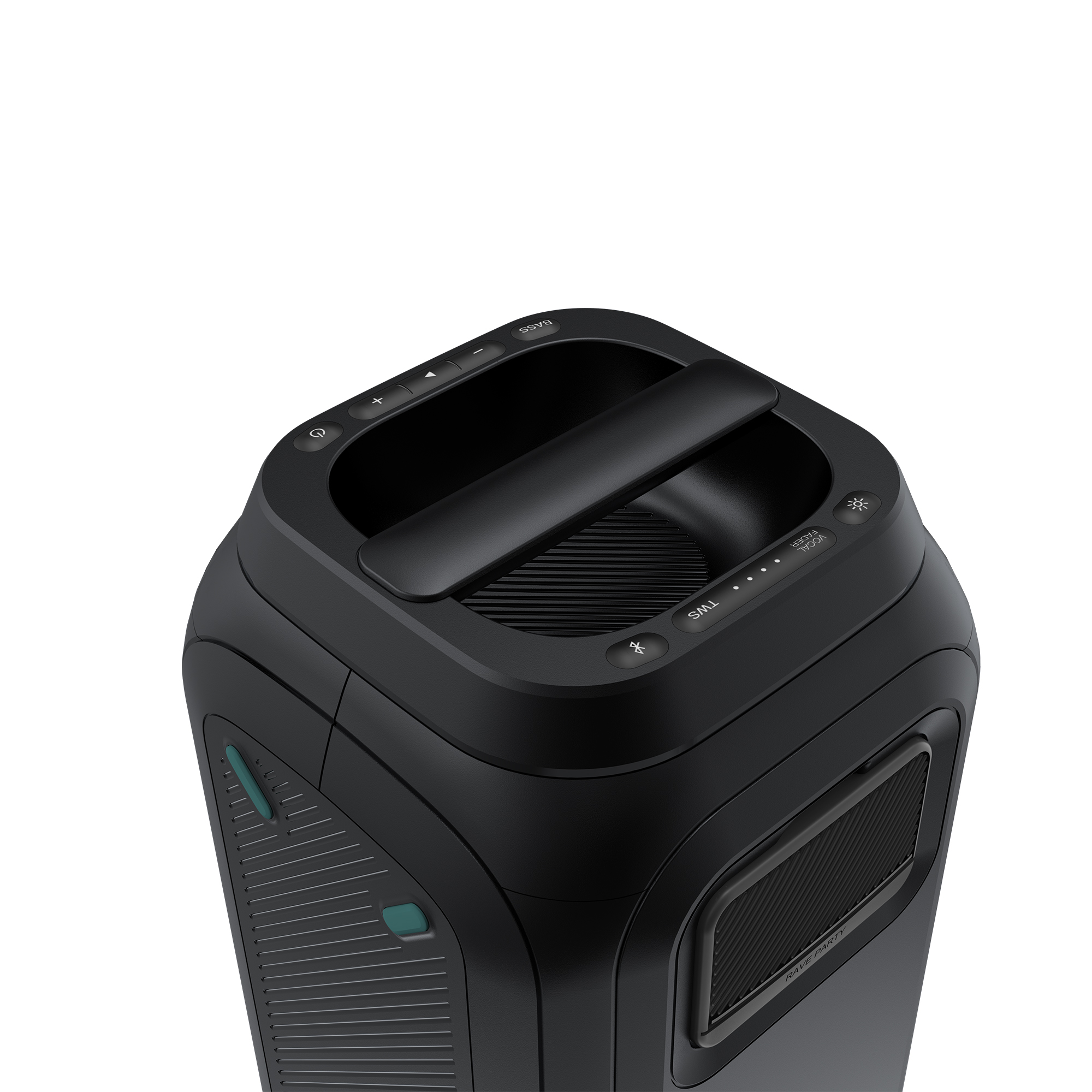 Enceinte portable noire avec poignée et commandes sur le dessus, fond blanc.