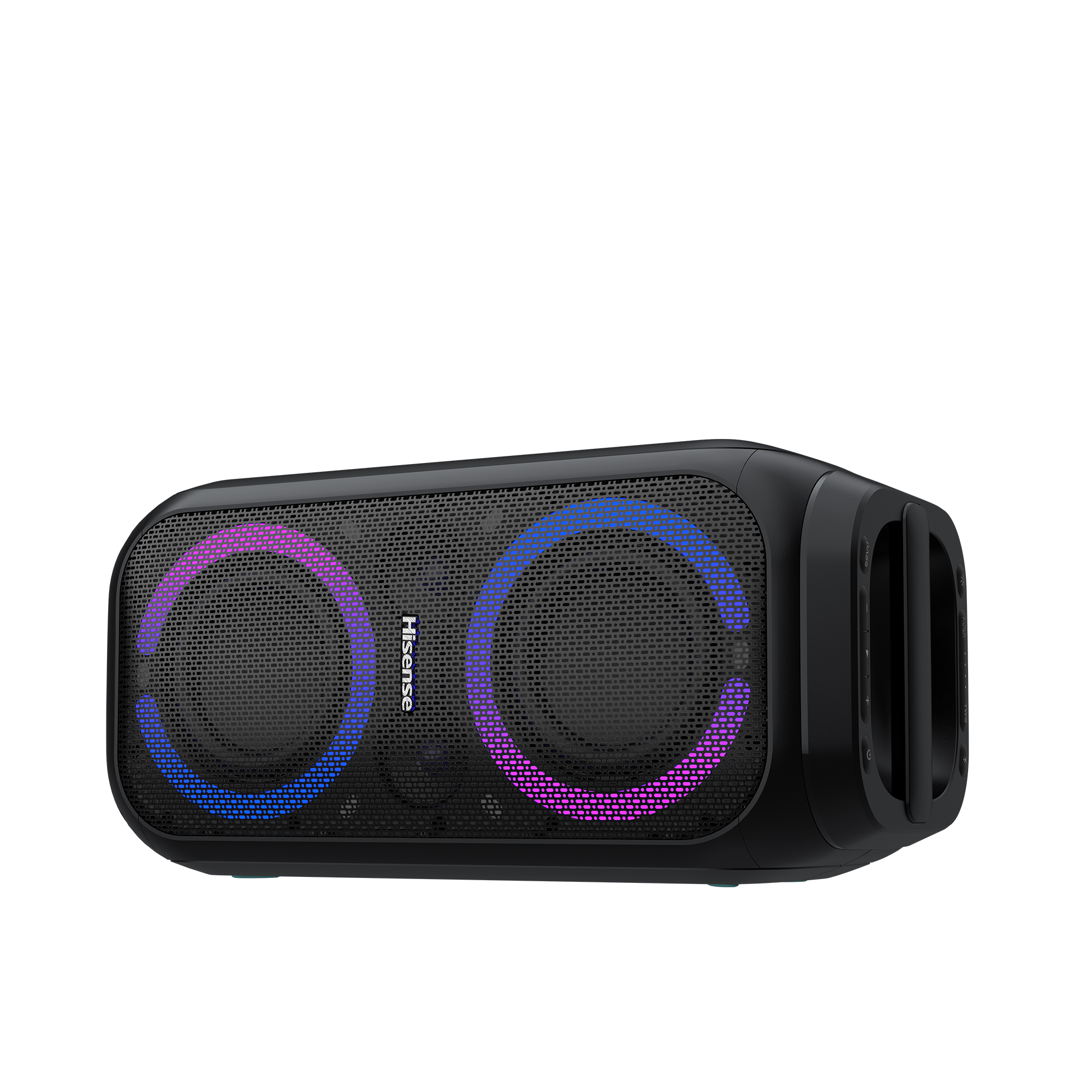 Enceinte Hisense noire avec des anneaux lumineux bleus et violets sur les grilles.