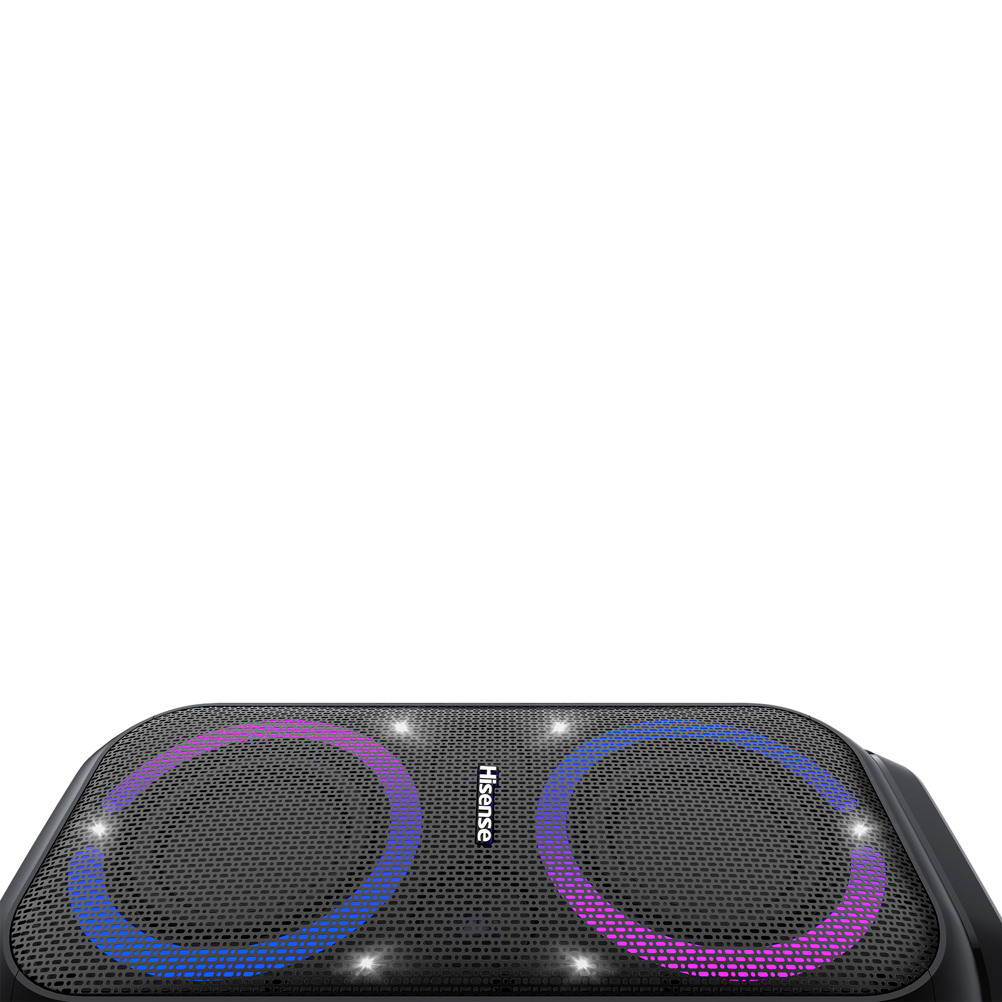 Haut-parleur noir avec anneaux LED bleus et violets et logo Hisense.