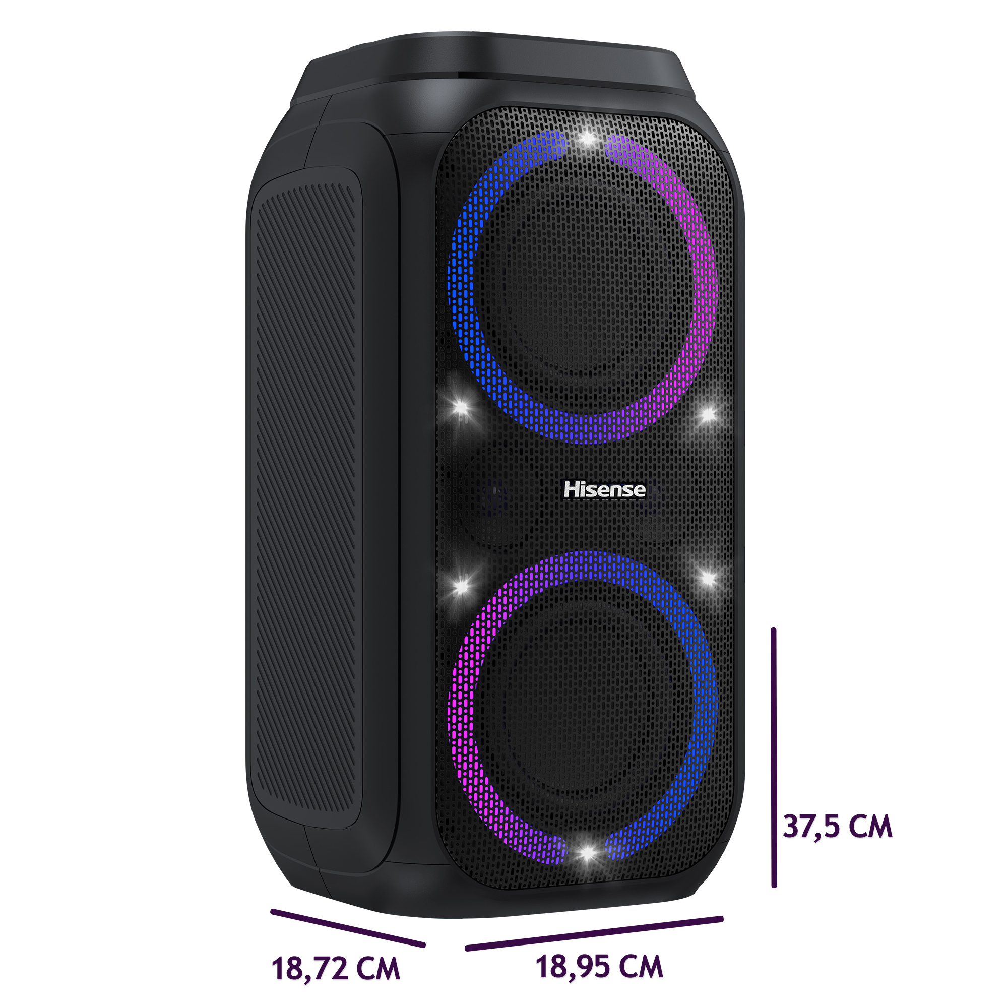 Enceinte Hisense noire avec lumières bleues et violettes.