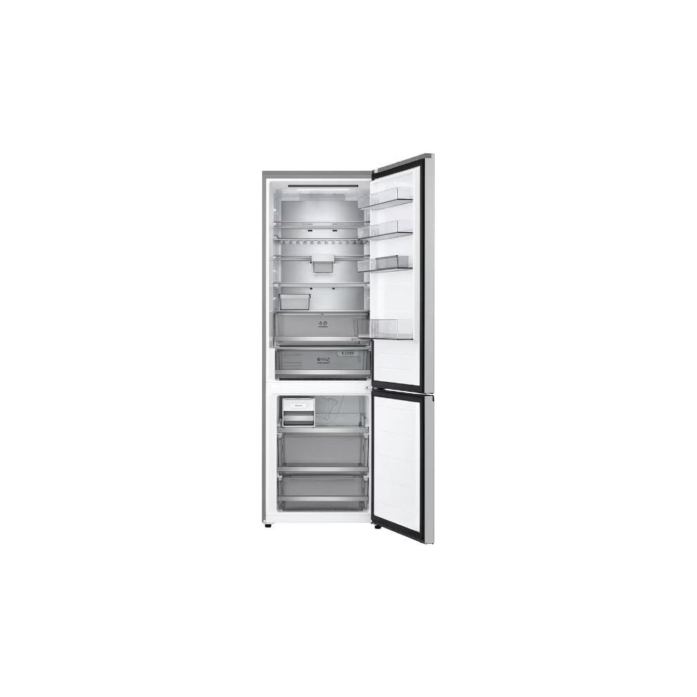 Ein silberner Kühlschrank mit geöffneten Türen, Innenansicht mit Regalen.