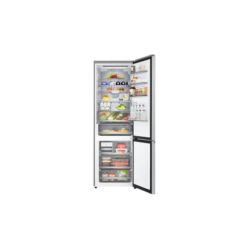 Ein offener Kühlschrank mit Lebensmitteln, darunter Obst, Gemüse und Flaschen.