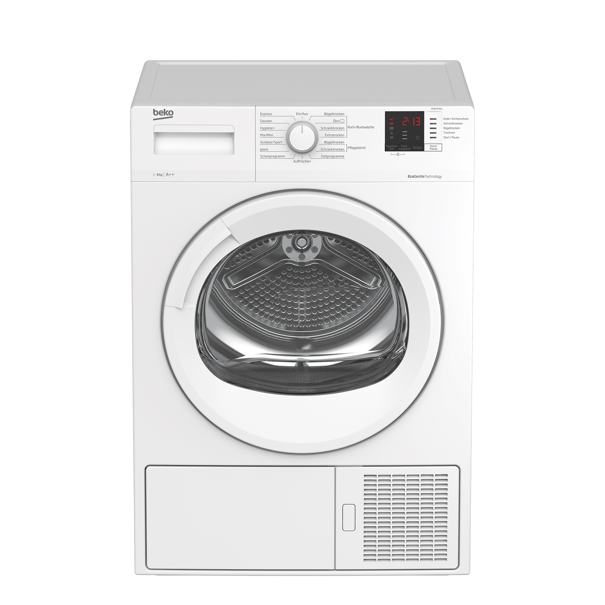 Eine weiße Beko-Wäschetrocknermaschine mit silberner Trommel und Bedienfeld.