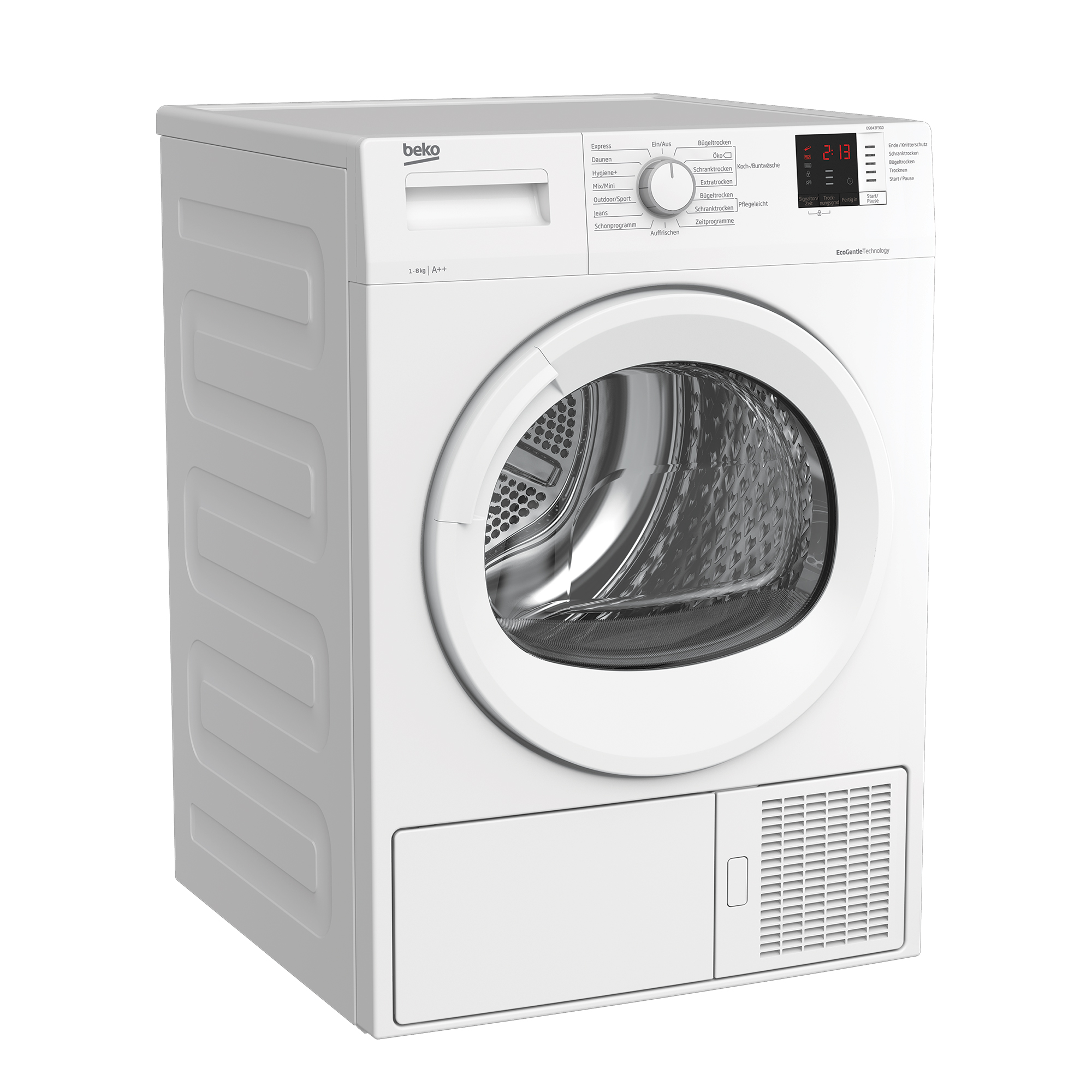 Eine weiße Beko-Wäschetrocknermaschine mit digitalem Display und Bedienfeld.