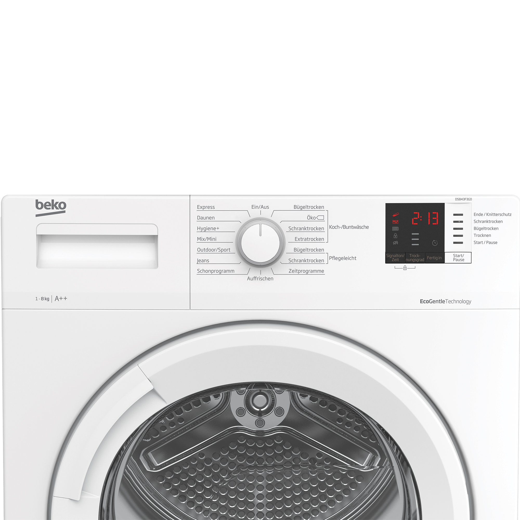 Weiße Beko-Waschmaschine mit Bedienfeld, Programmauswahl und digitaler Anzeige.