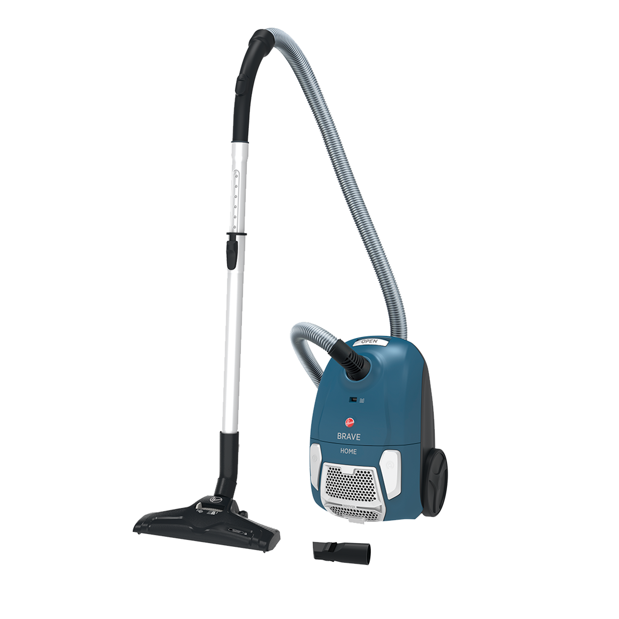 Ein blauer Staubsauger mit silbernem Rohr, schwarzer Bürste und Schlauch.