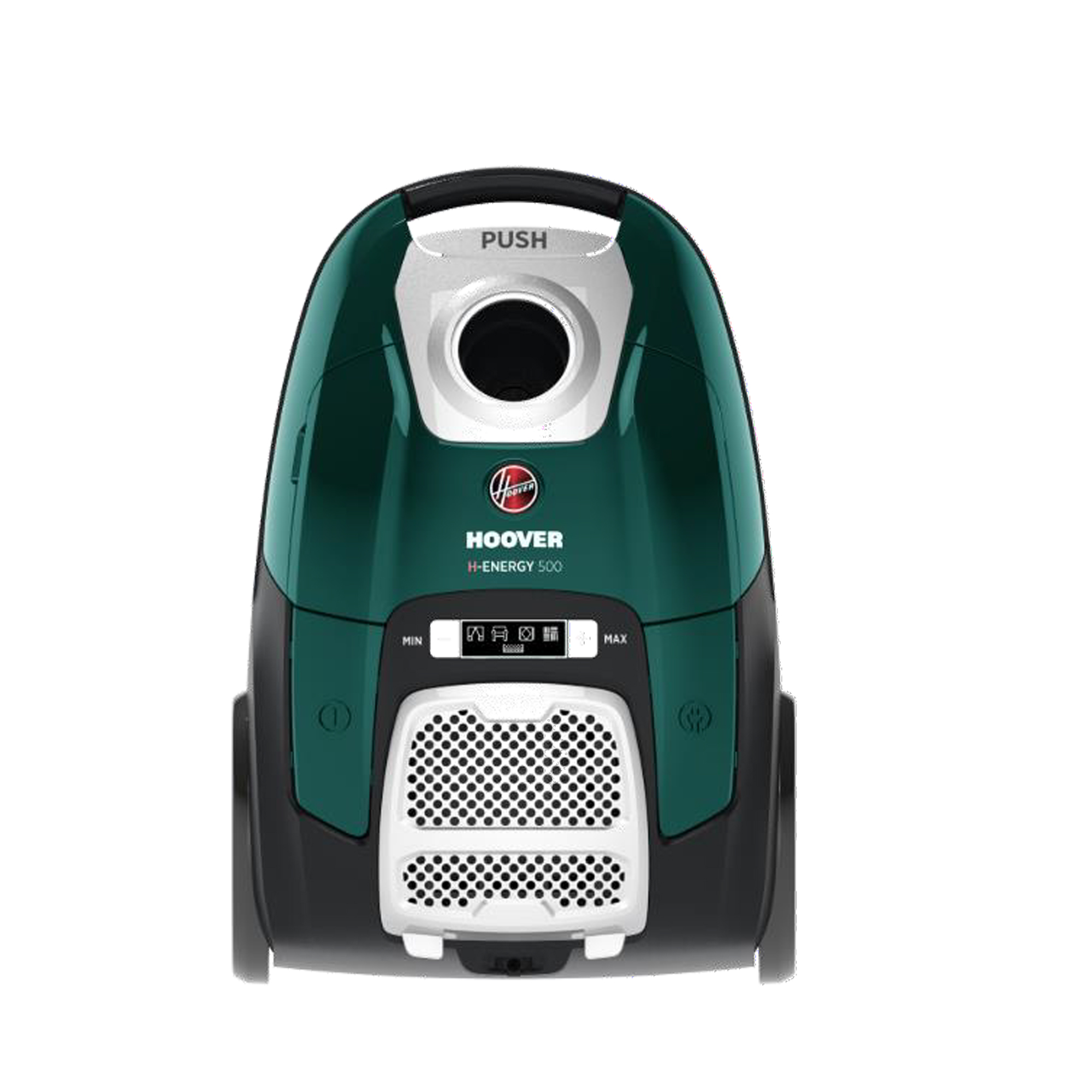 Ciemnozielony odkurzacz Hoover H-ENERGY 500 z białym grillem z przodu.