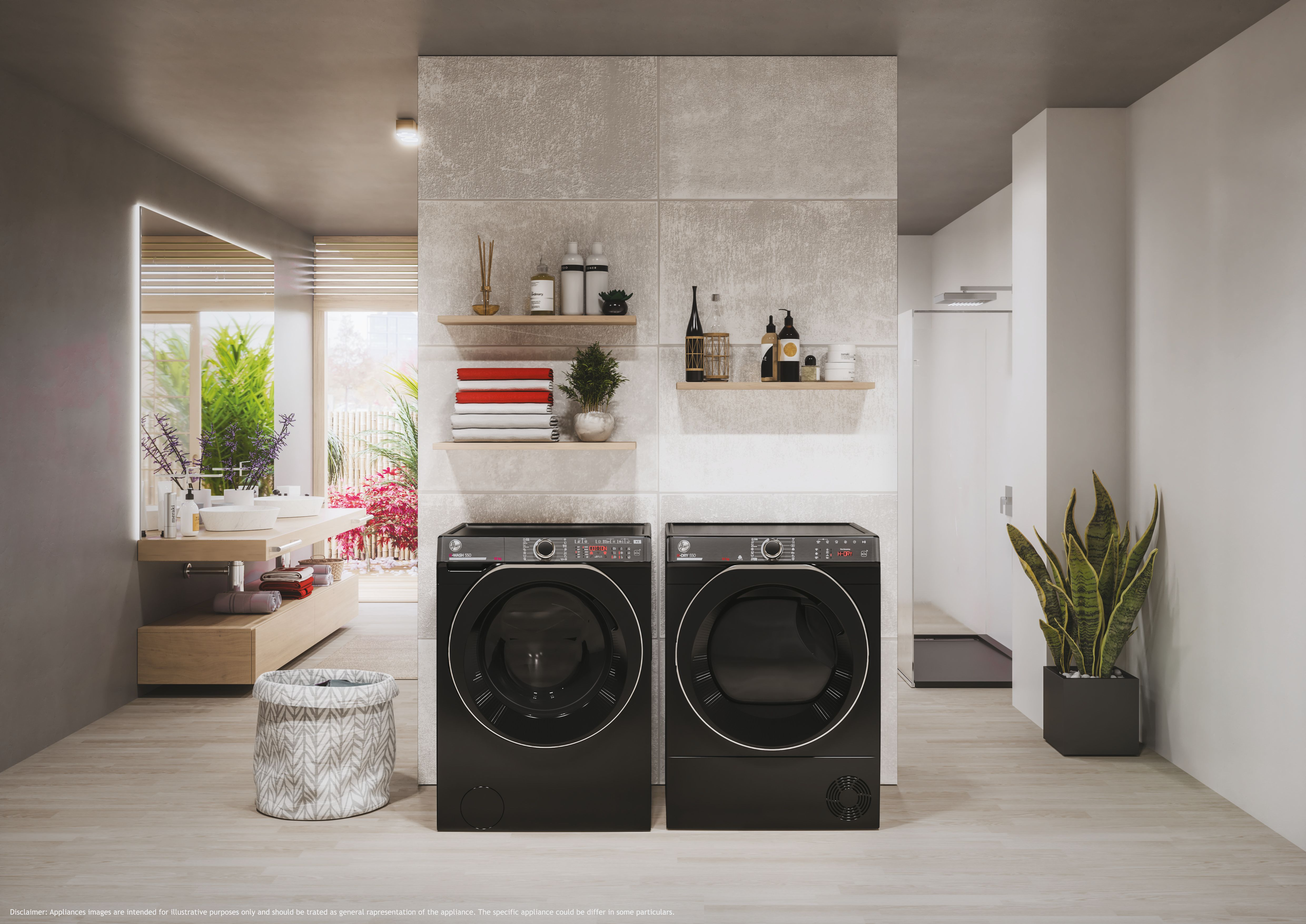 Lavatrice e asciugatrice nere una accanto all'altra in un bagno moderno.