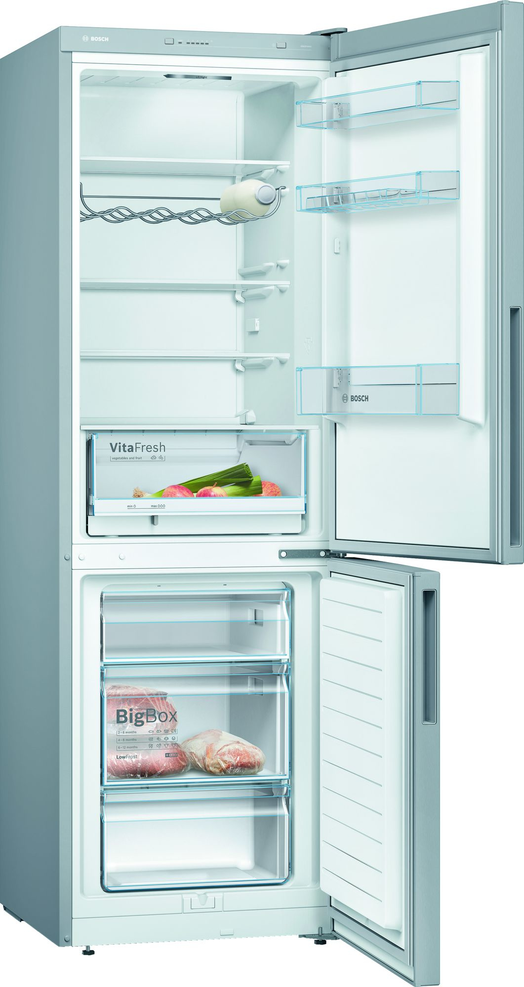 Offener Bosch Kühlschrank mit Gemüsefach und Gefrierfächern. Enthält Obst und Fleisch.