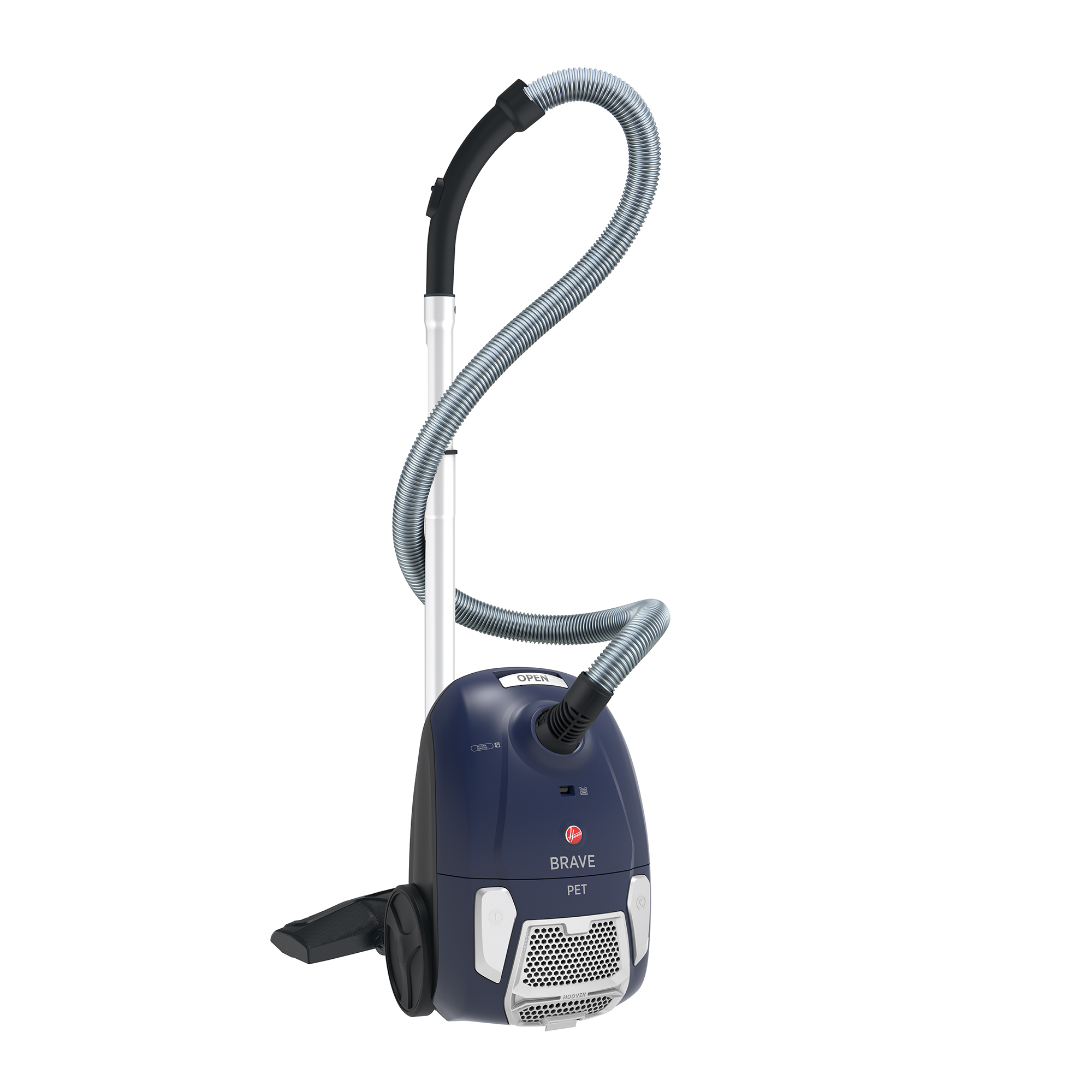 Ein dunkelblauer Hoover Staubsauger mit silbernem Schlauch und Stiel.
