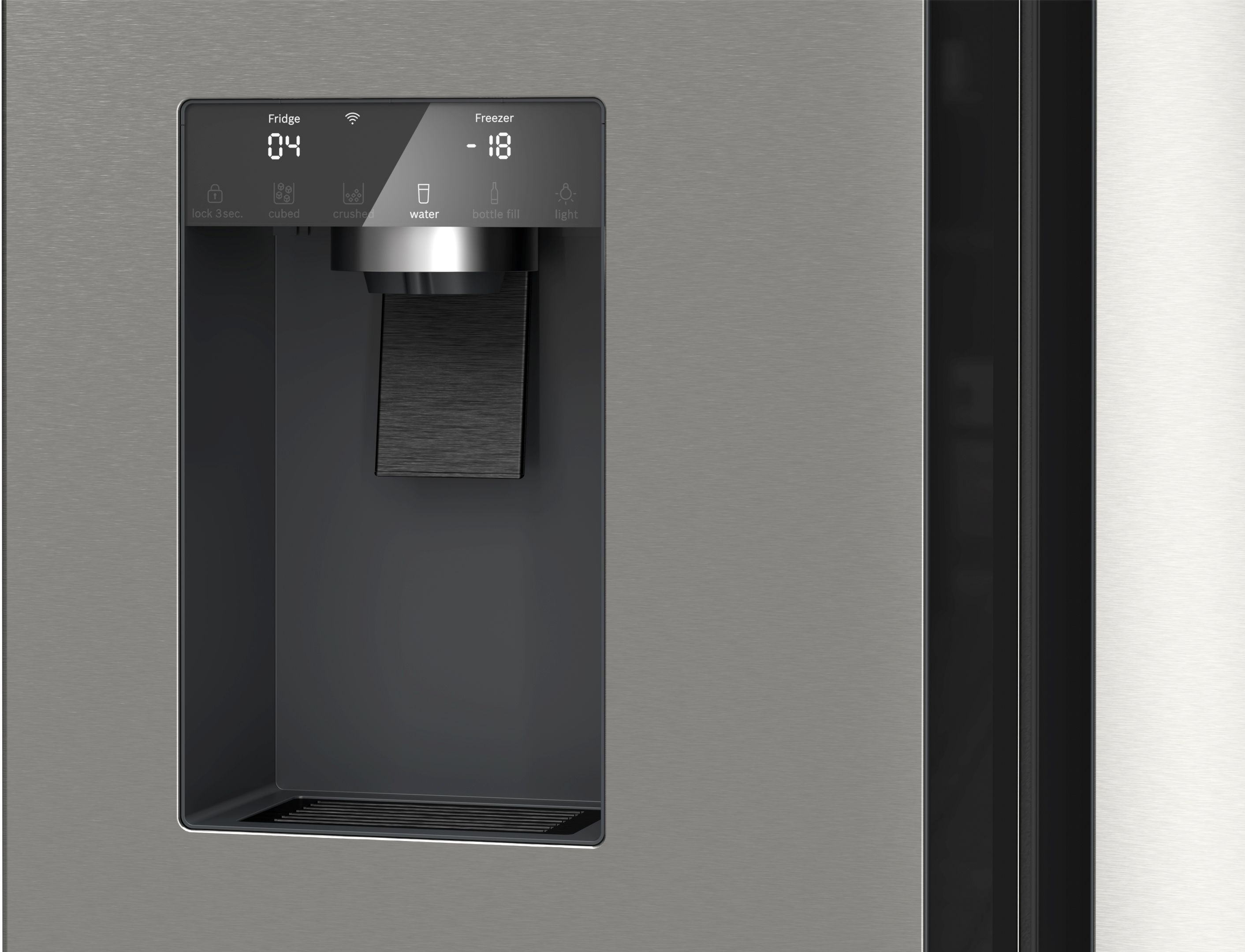 Refrigerador con pantalla digital para temperatura y funciones.
