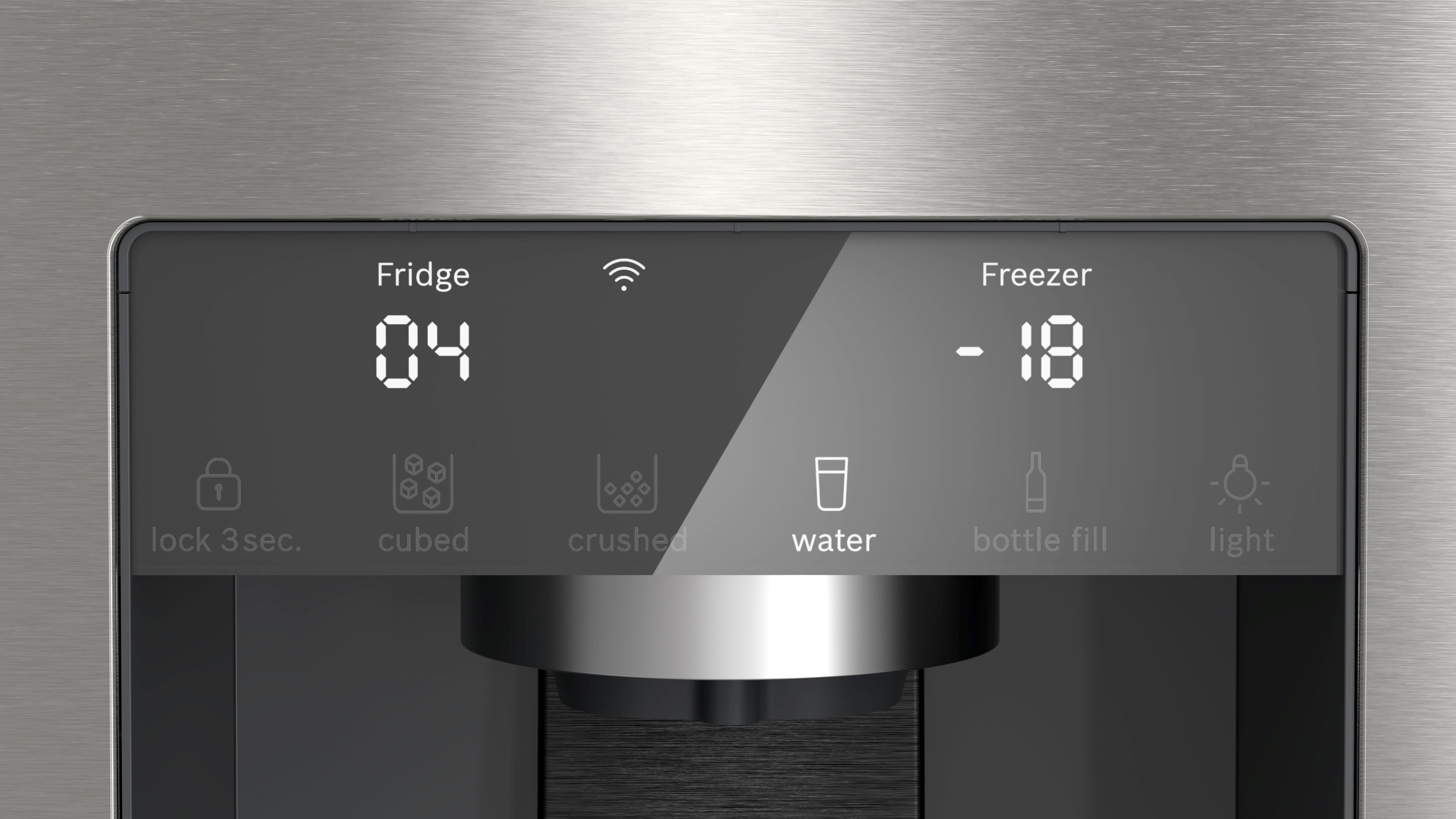 Pantalla de nevera y congelador con opciones como hielo en cubos, hielo picado y agua.