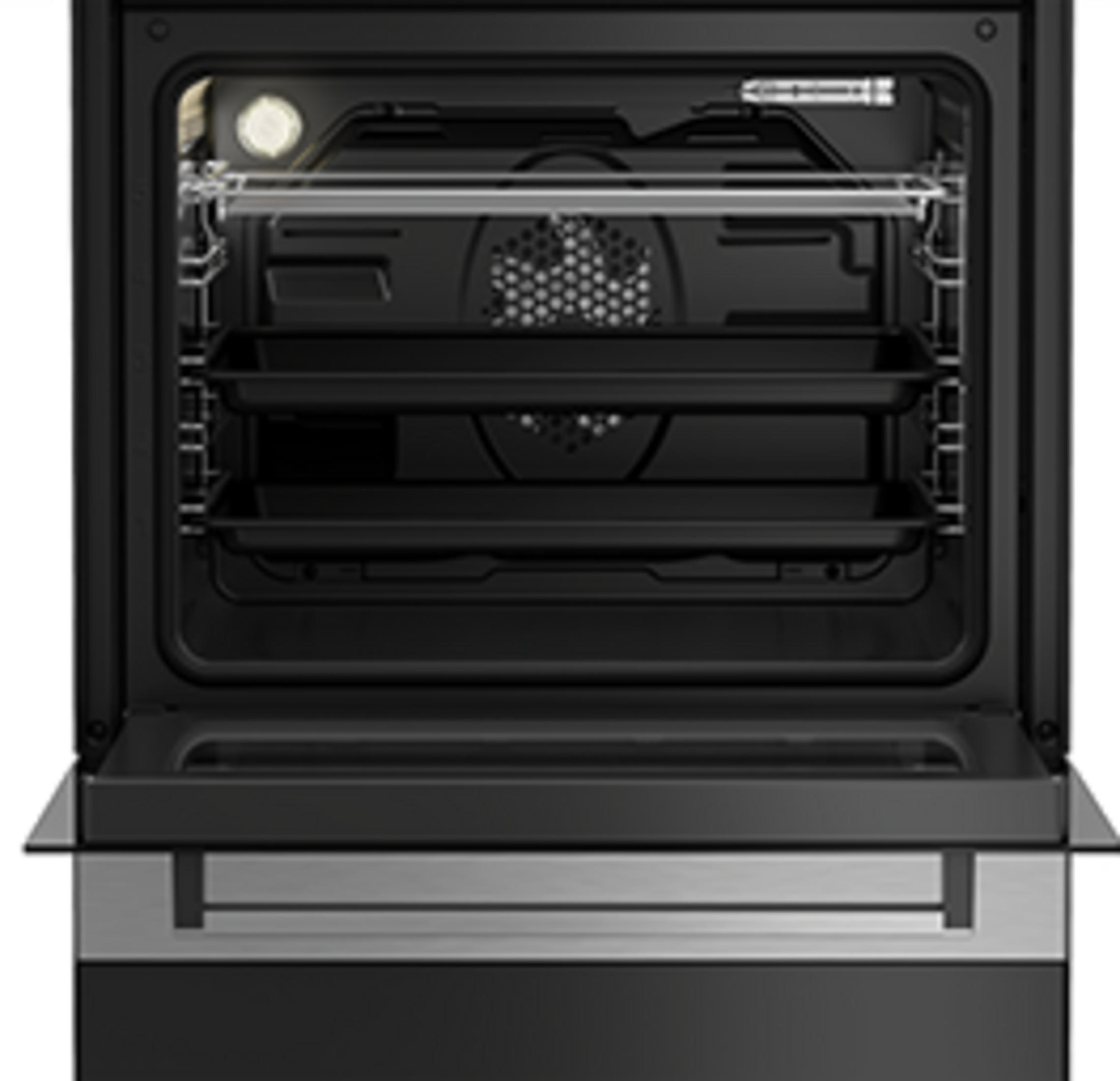 Un forno nero aperto con due griglie e una griglia del ventilatore.