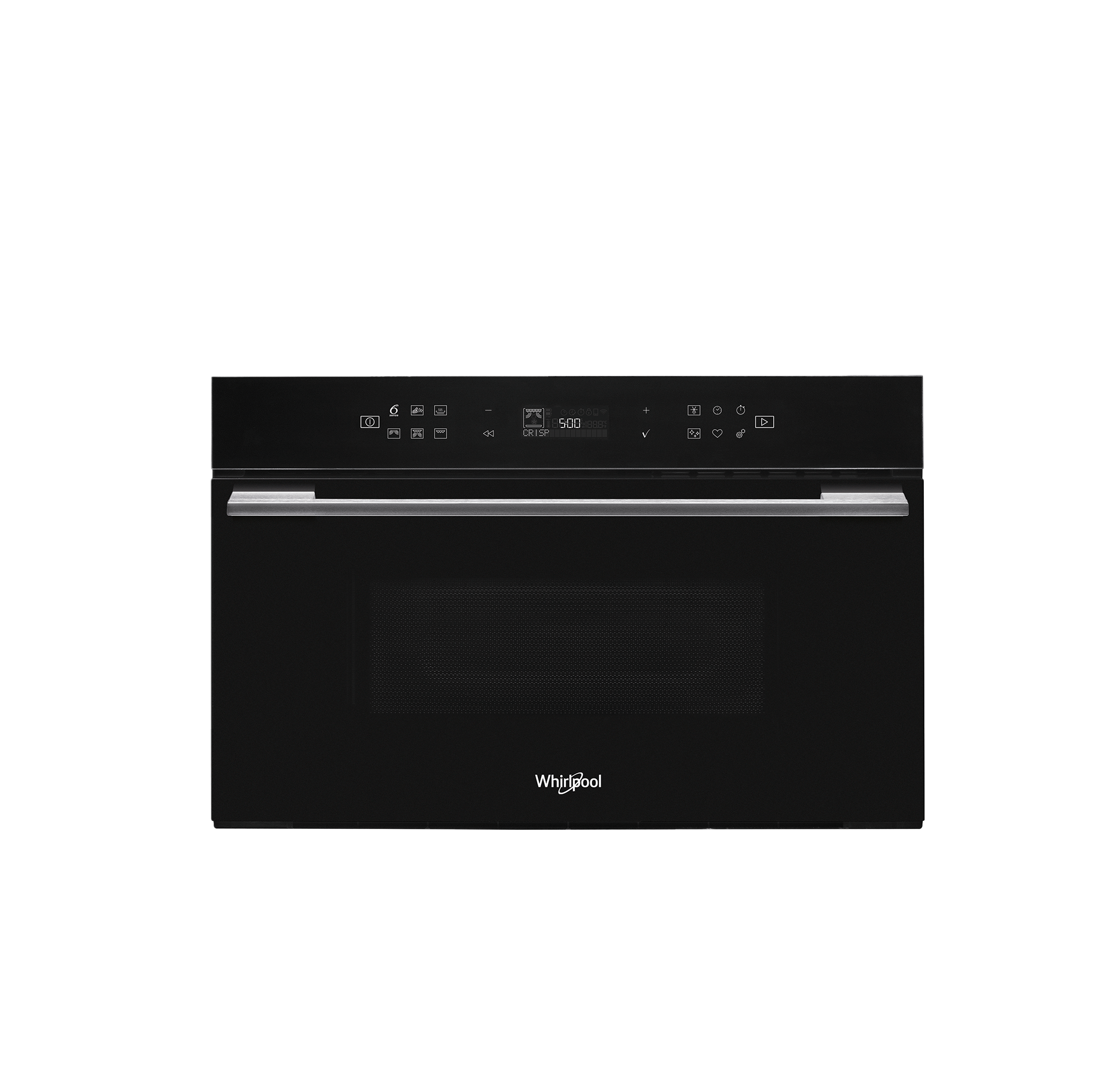 Forno a microonde da incasso nero con pannello di controllo touch e maniglia argentata.