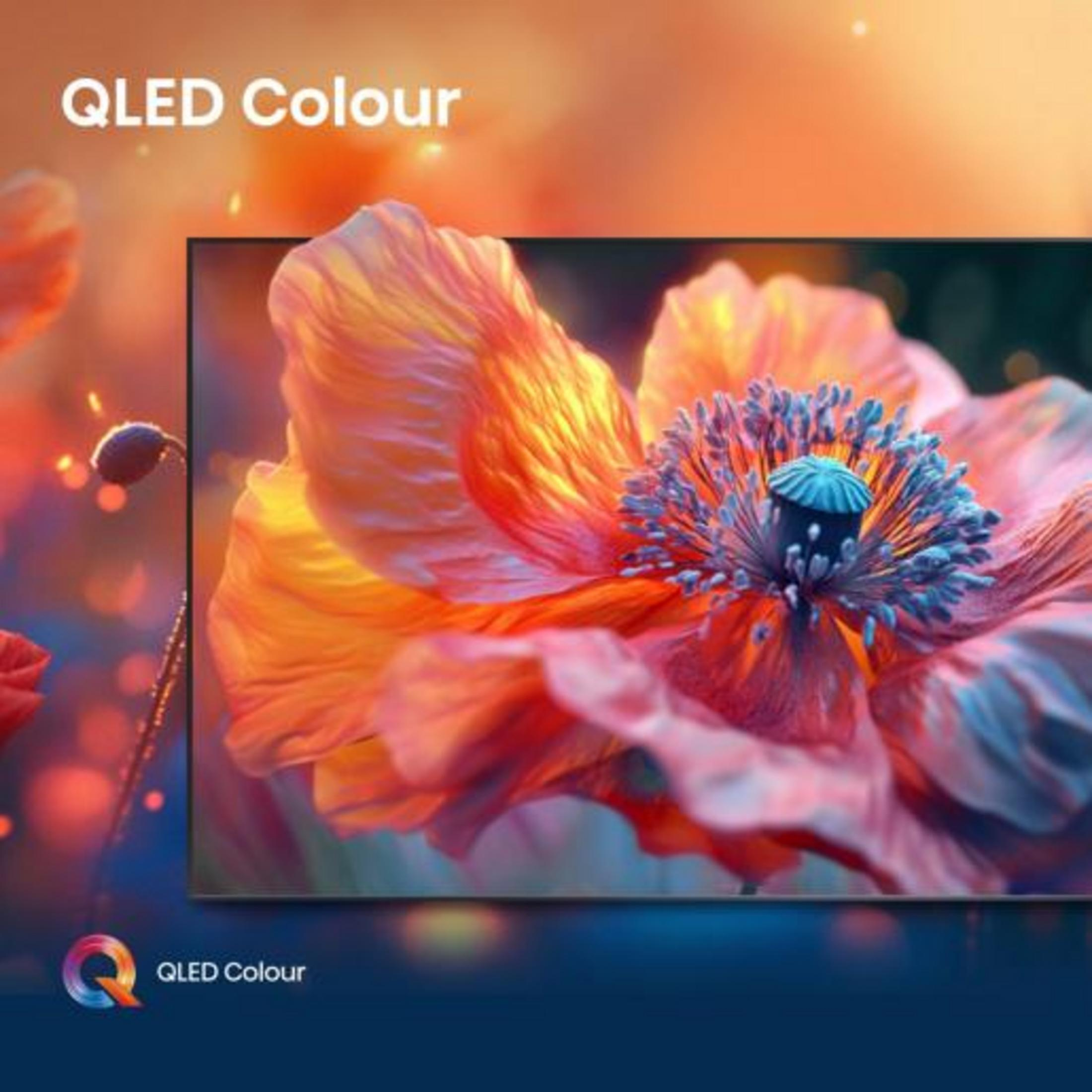 Logo QLED i tekst "QLED Colour" na żywym obrazie maku.