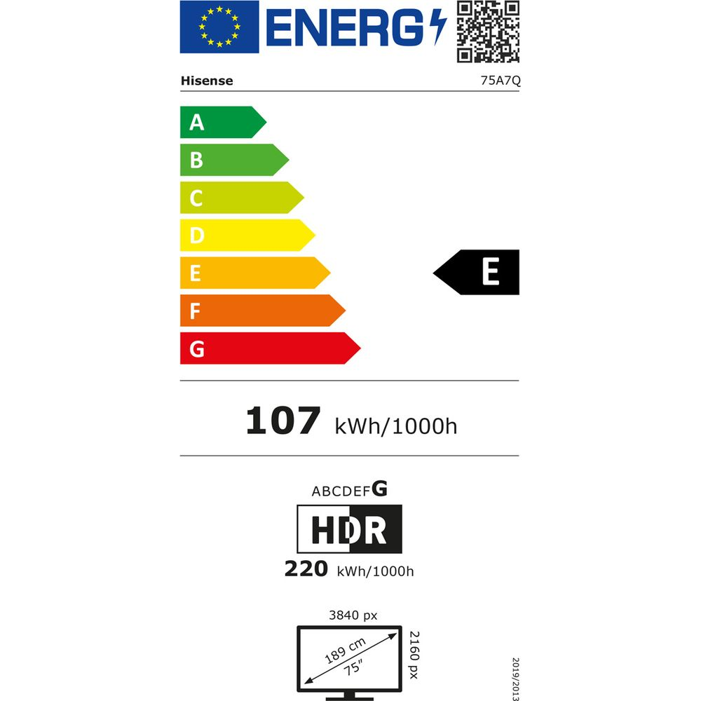 Etykieta energetyczna Hisense: klasa E, 107 kWh/1000h, HDR, 220 kWh/1000h.