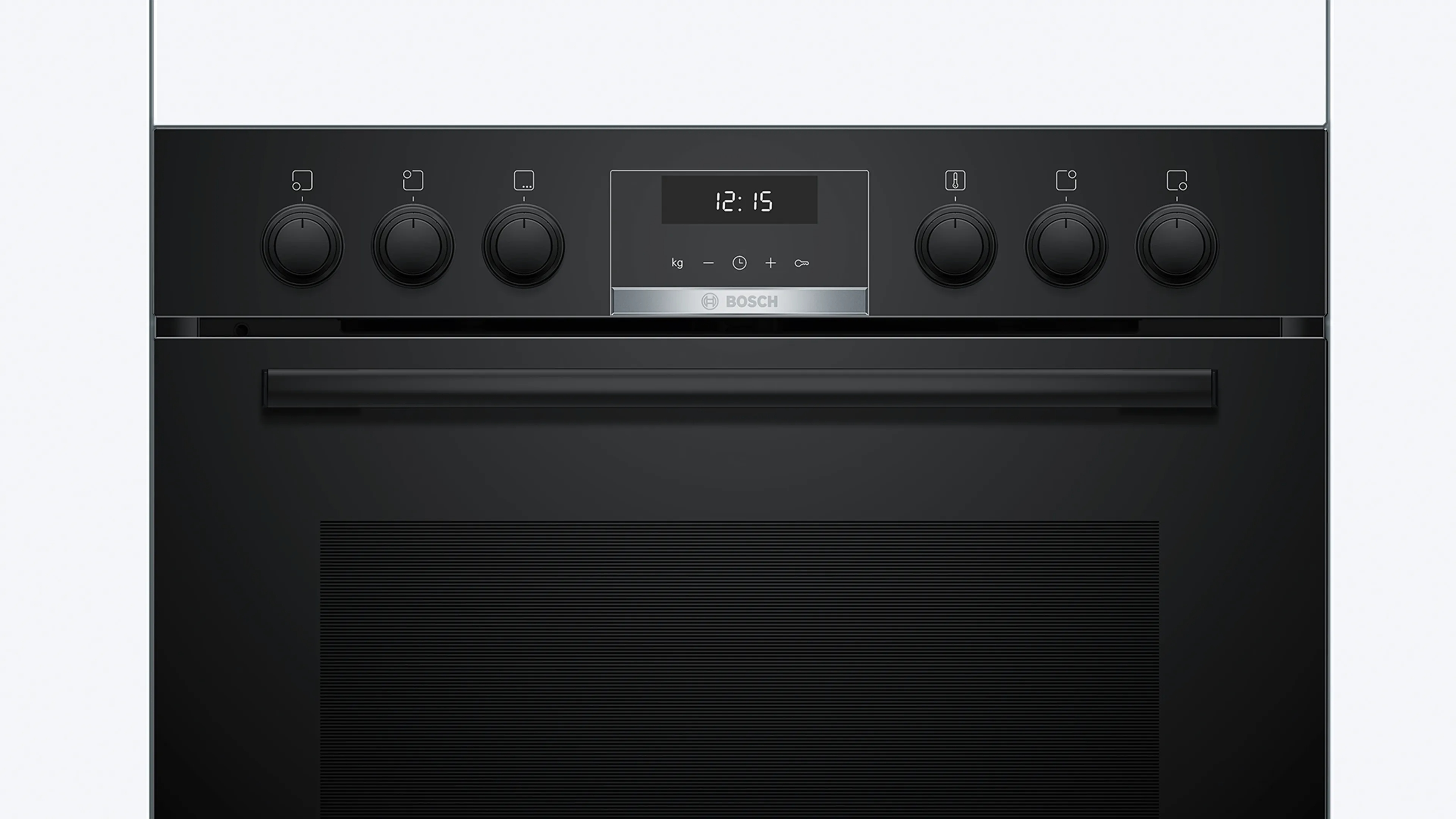 Schwarzer Ofen mit digitaler Anzeige (12:15), Drehknöpfen und Bosch-Logo.