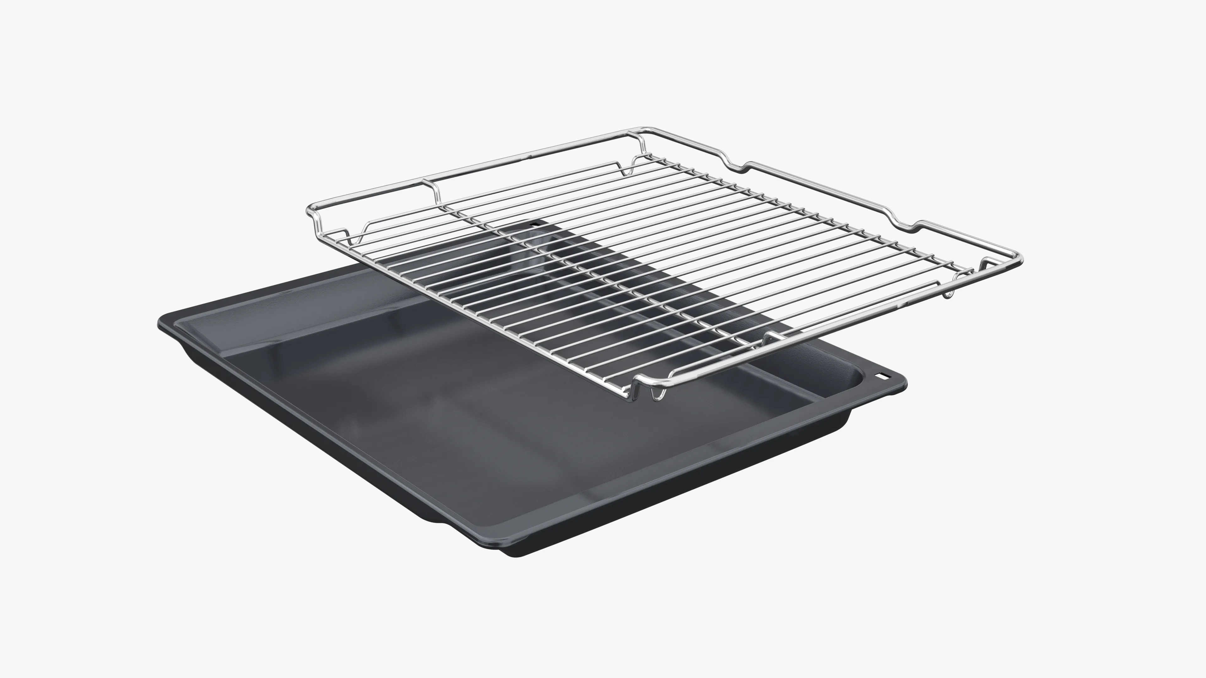 Ein glänzendes Metallrost liegt auf einer dunklen Backform.
