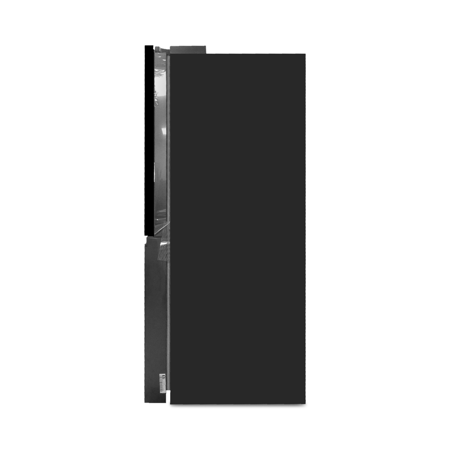 Schwarzer Kühlschrank von der Seite, mit sichtbaren Kühlschranktüren und Griffen.