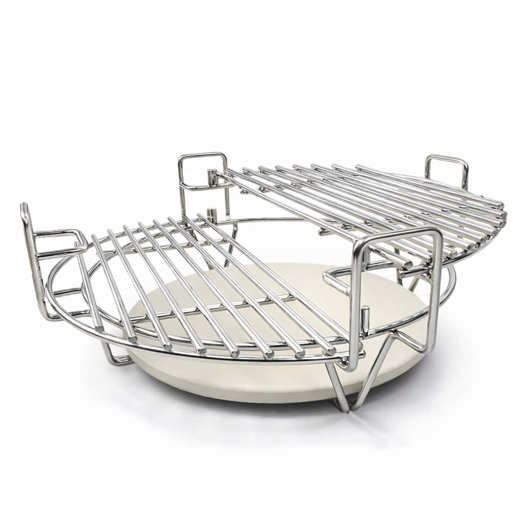 A round, white ceramic stone with a silver metal grill rack.