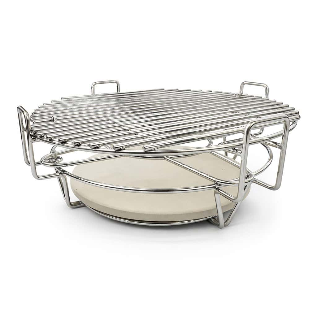 A round metal grill grate with a cream-colored ceramic stone.
