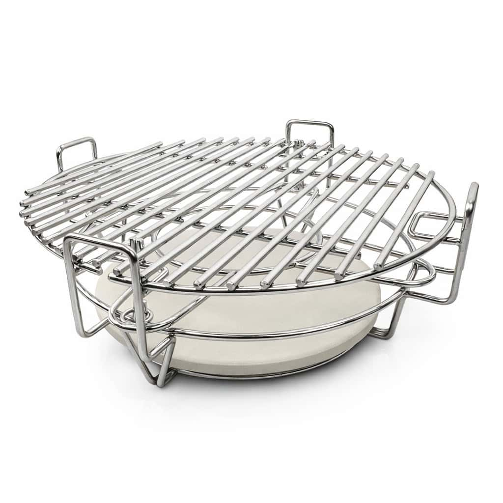 A round, silver grill rack with handles on a white ceramic base.