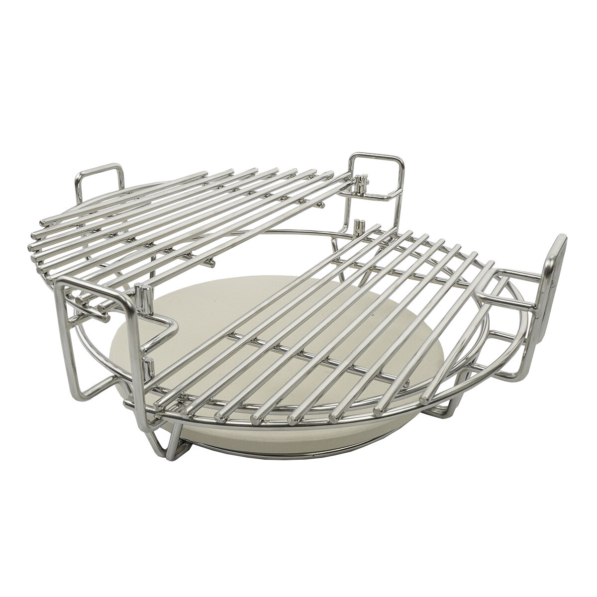 A silver grill rack with a round stone on a white background.