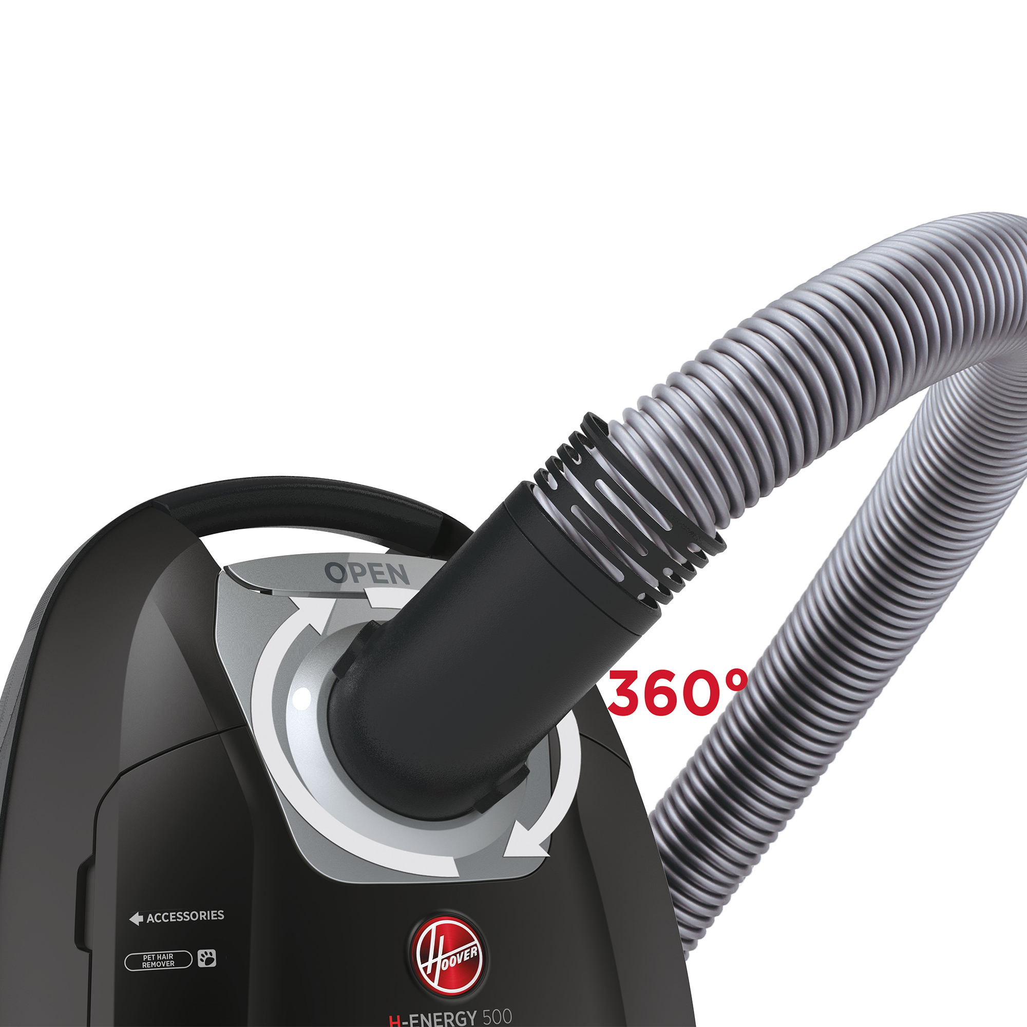 Aspiradora Hoover negra con manguera gris. Texto: 360 grados.