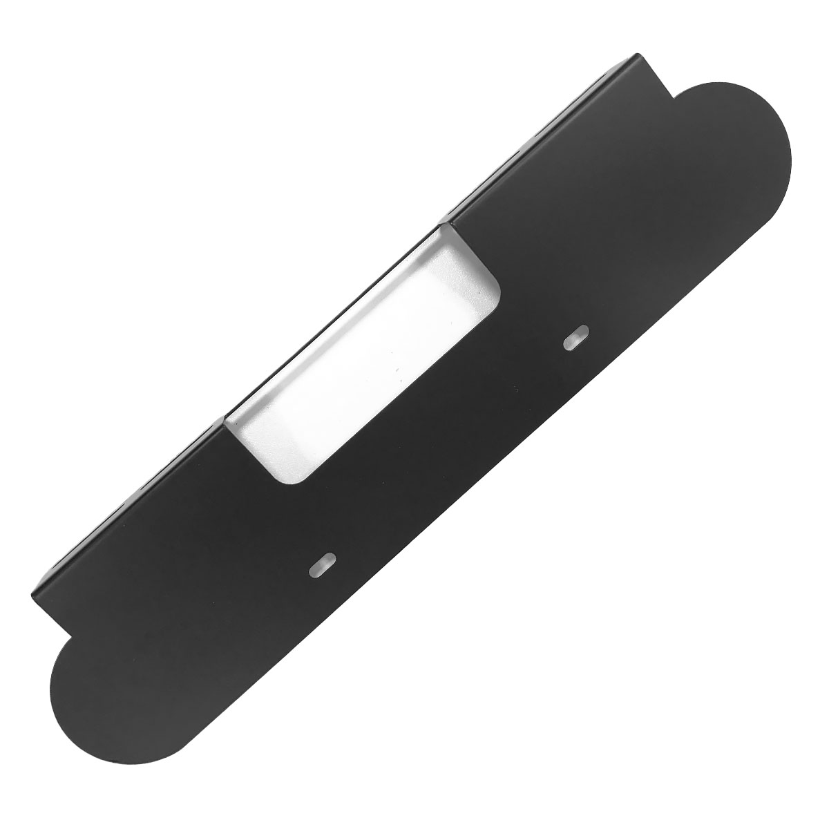 Schwarzer Metallclip mit rechteckigem Ausschnitt und zwei ovalen Löchern.