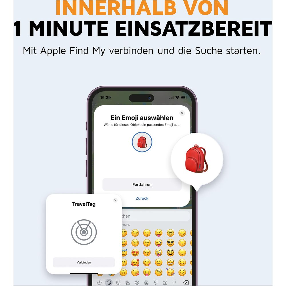 Uno smartphone mostra una selezione di emoji di zaino per un dispositivo TravelTag.
