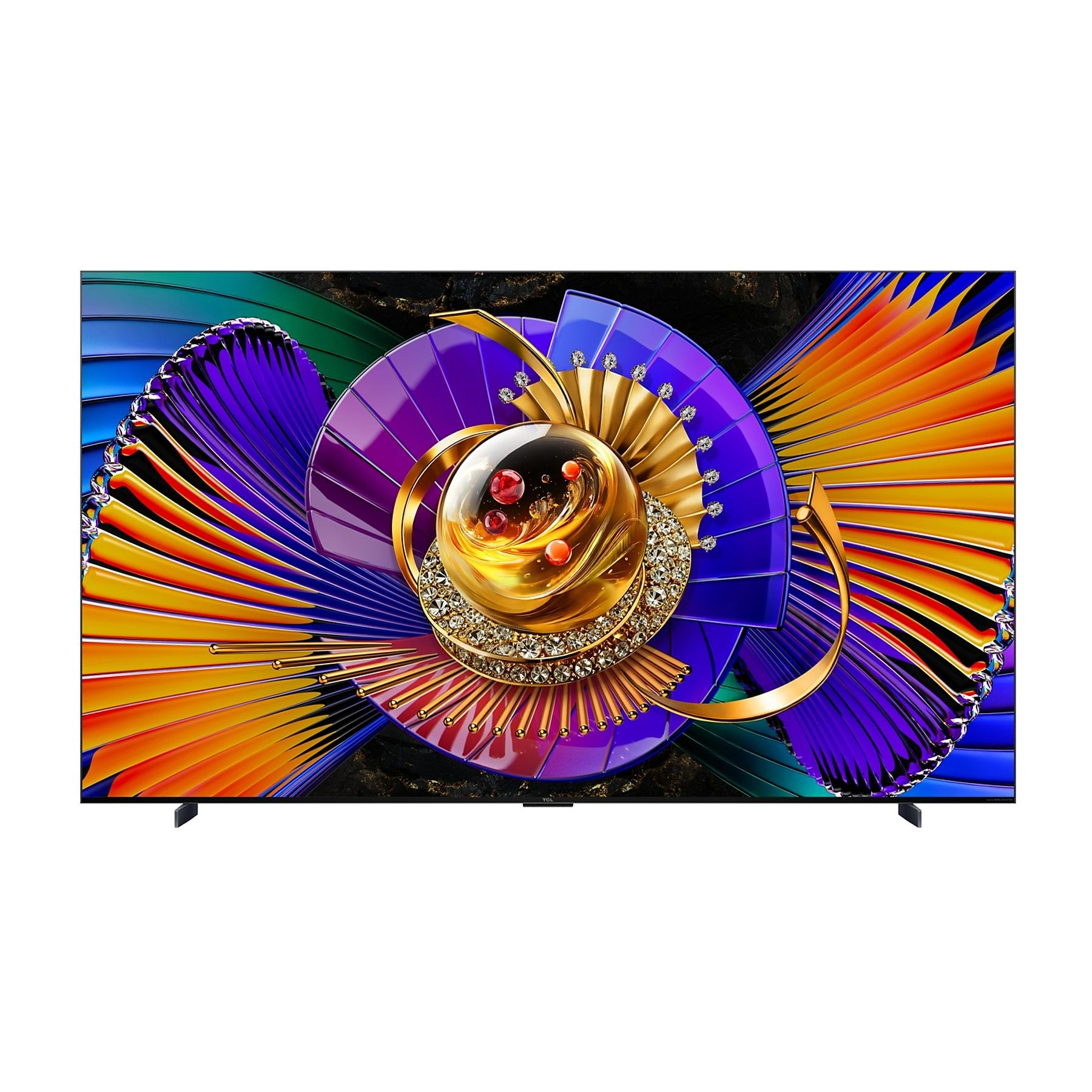 Un televisor muestra un diseño abstracto y colorido con un núcleo dorado incrustado de joyas.