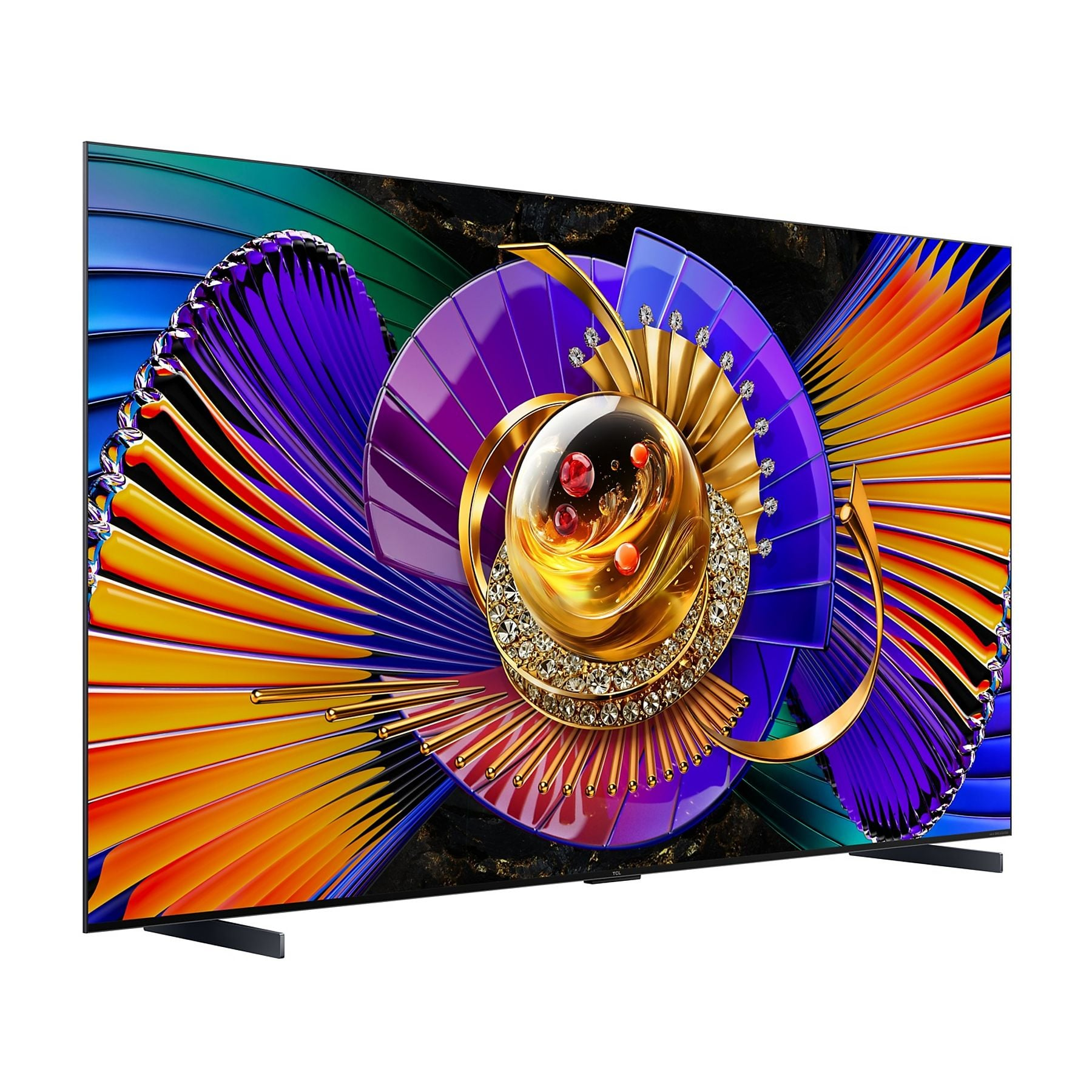Un televisor moderno muestra un vibrante diseño abstracto en forma de abanico en púrpura, naranja y azul.
