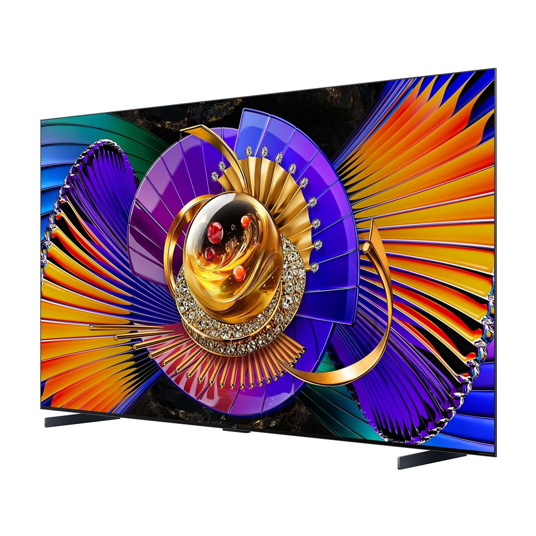 Un televisor moderno muestra un gráfico abstracto y vibrante con formas de abanico doradas, moradas, azules y naranjas.